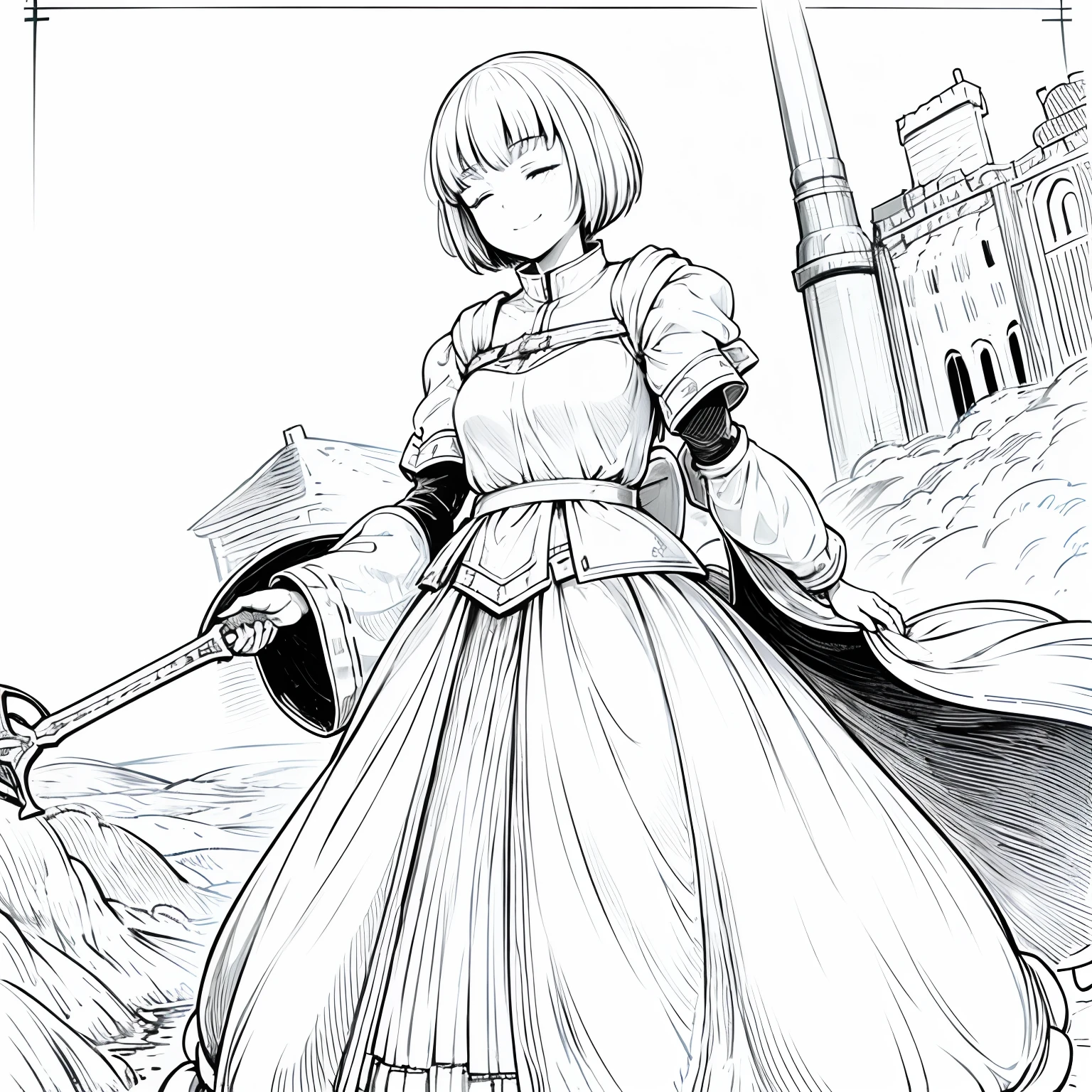 Girl with short hair in medieval cyber era smiling with closed eyes