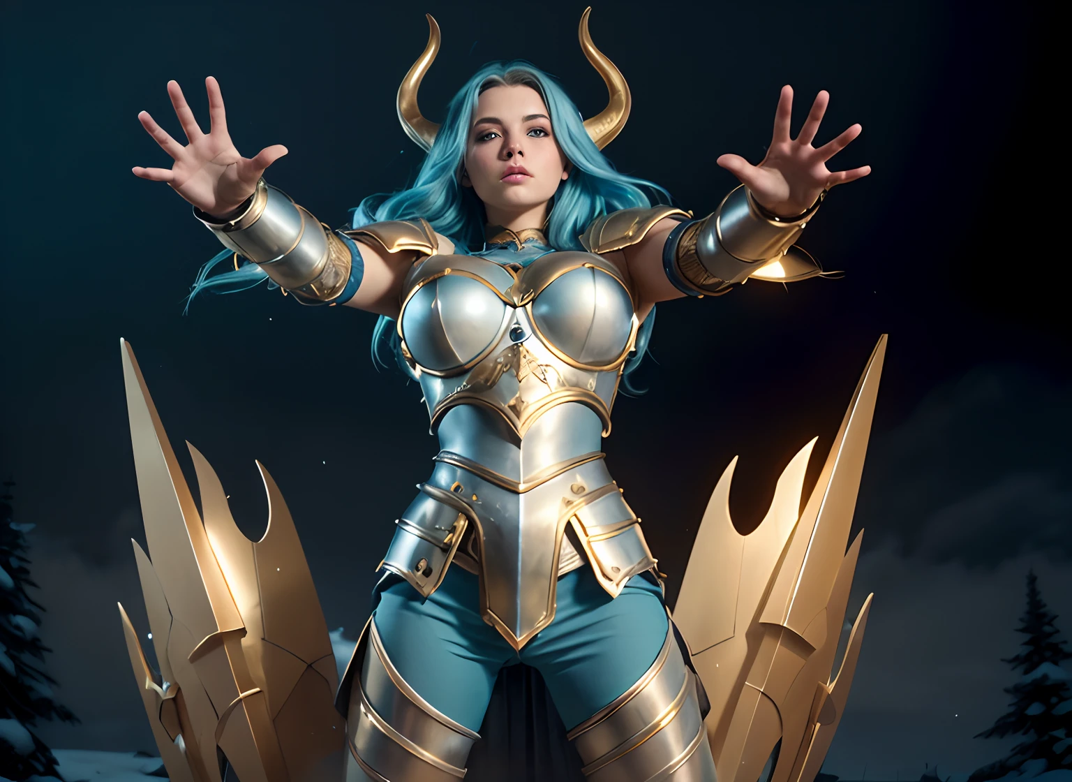 realistic), (cinematic shot), slightly low view. upper body of an beautiful young girl knight, 1girl, woman, in medieval armor, (detailed face), ((pretty big turquoise eyes)), with very long hair, (light blue hair), (long hair), ((messy hair)), ((bands)) blowing hair, (big breasts), near a snow castle at winter, golden armor, golden horns on helmet, (full body armor), ((bright intricate armor)), (light blue legging), ((crome intense gold armor)), (detailed armor, high quality), ((ornate armor)), (hdr), (noble), inspiring, film, cinematic lighting. ((light blue pants)). ((delicate face)). Full body-armor.( Enlongated armor skirt)). The most beautiful warrior. Ultrarealistic landscape.