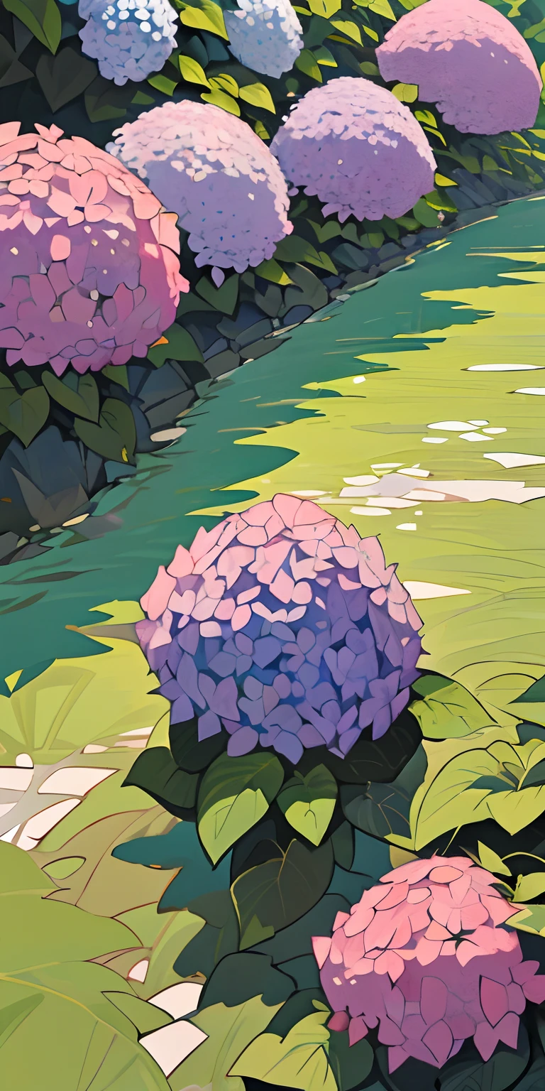 hydrangeas, parque, lago, Pequena Colina, caminho de seixos,anime, master part, best quality, anatomicamente correto, Detalhes altos, 8k, papel de parede