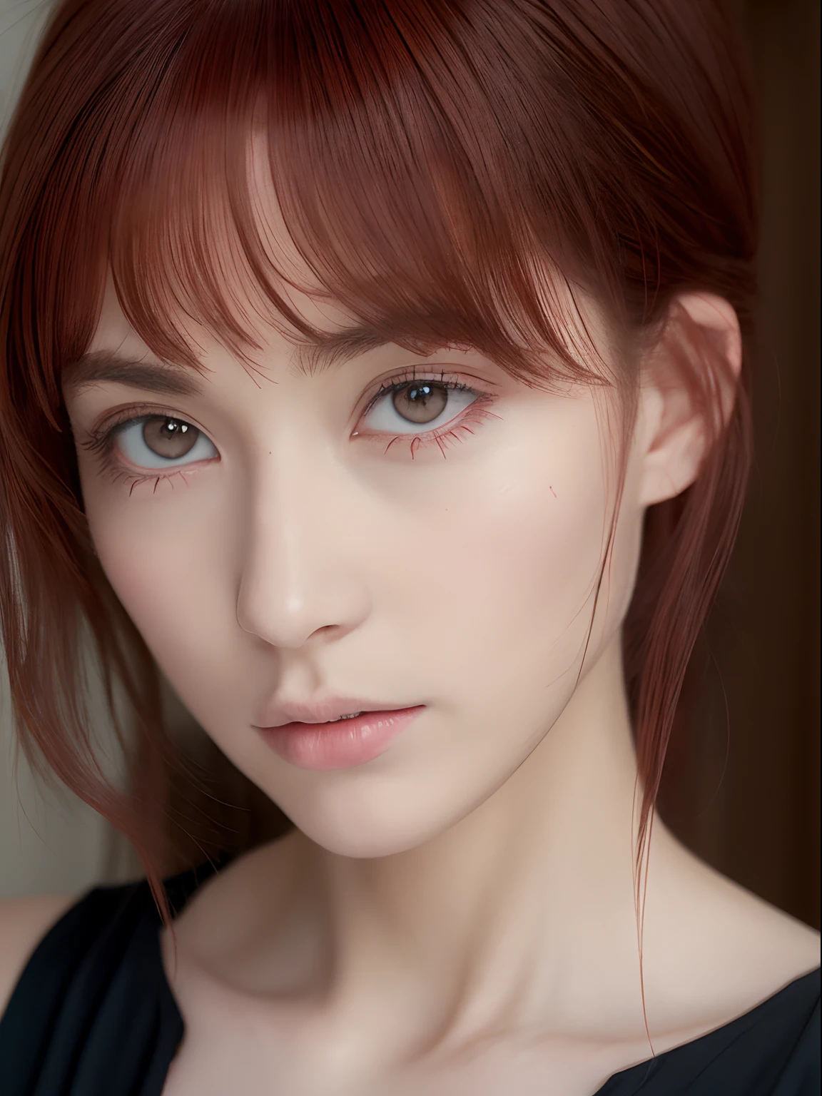 (Best quality, masutepiece:1.2), 1 fille, seulement, cheveux rouge,eyes with beautiful details,(chemise blanche),The upper part of the body,cravate noire,frange,oreille, American, vu de face.