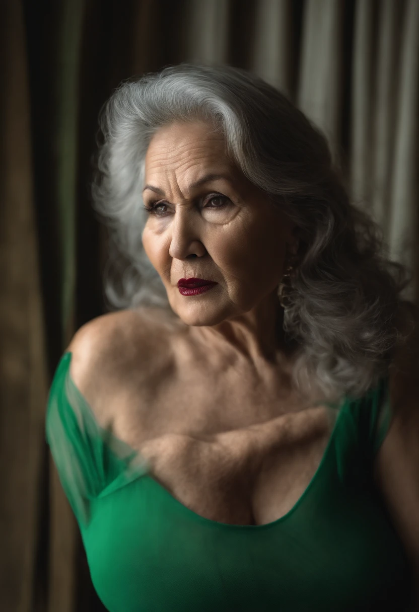 mAsian old woman , heavy dark lipstick , busty tits,55 years old , dark hear , sheer green bodysuit fishnet , hold her tits , screaming cum on face , heavy face wrinkle