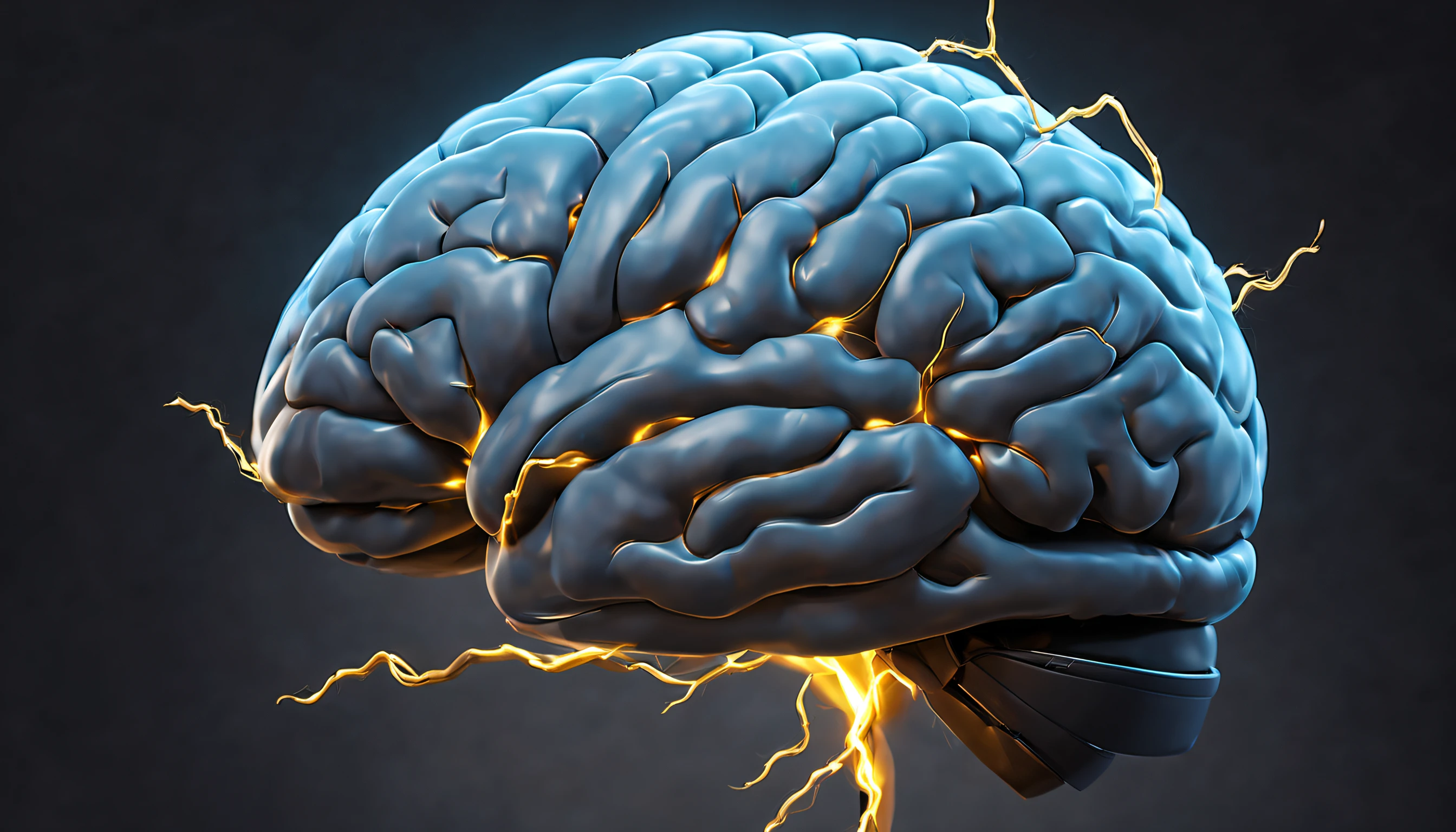 Black background with electric blue lights, 3d brain, side view, Lightning and golden thunder around the brain, ultra alta qualidade, detalhes altos