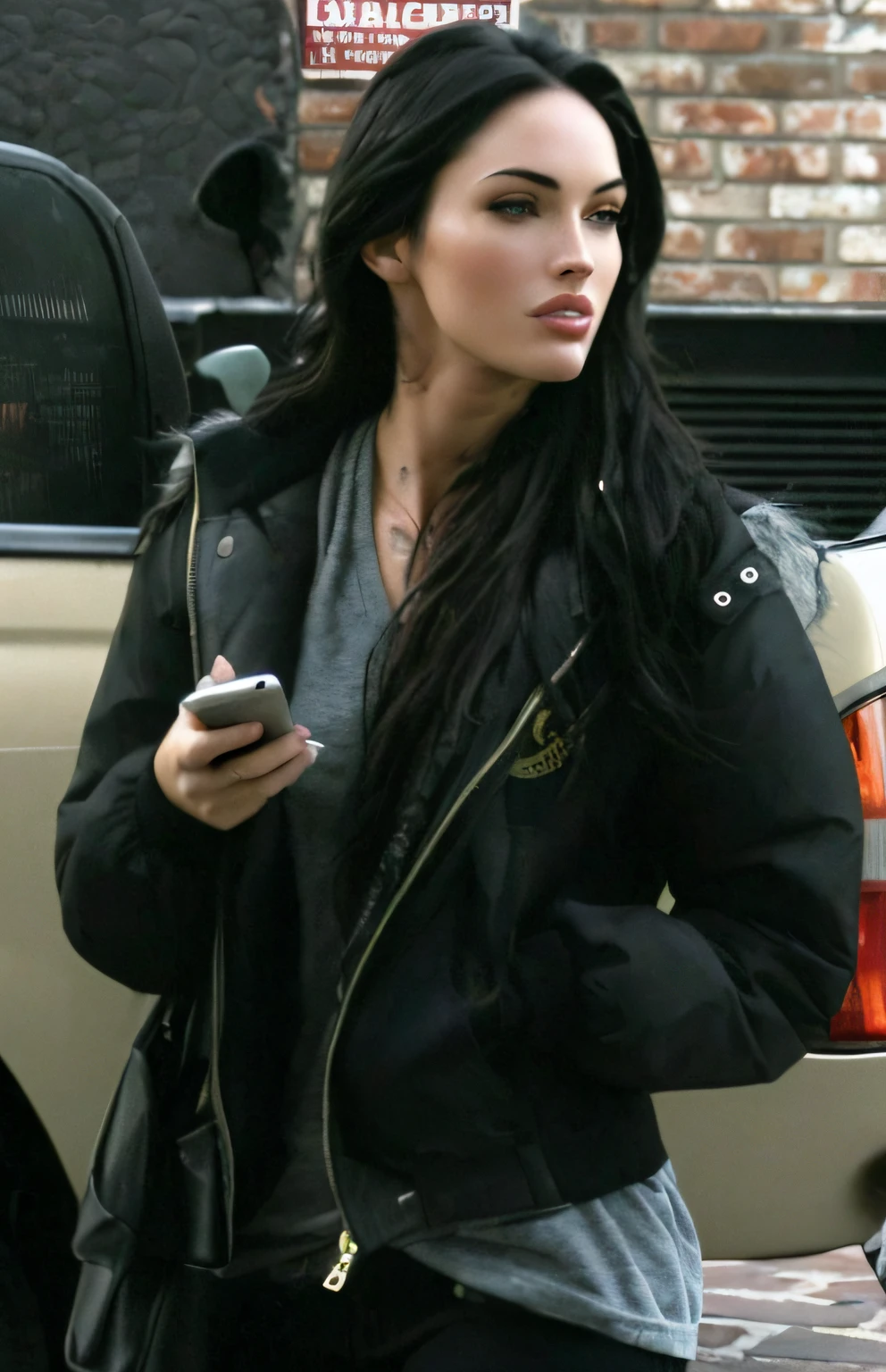 Woman from Araffe walking down the street with a mobile phone in her hand, her black hair is a long curly, "Megan Fox, Megan Fox como caixa do McDonalds, Megan Raposa, Megan Fox com maquiagem pesada nos olhos, sasha cinza, Ainda de Megan Fox, Megan Fox Rainha Bruxa, lips of megan fox, vestindo casaco longo preto de inverno, She has black hair