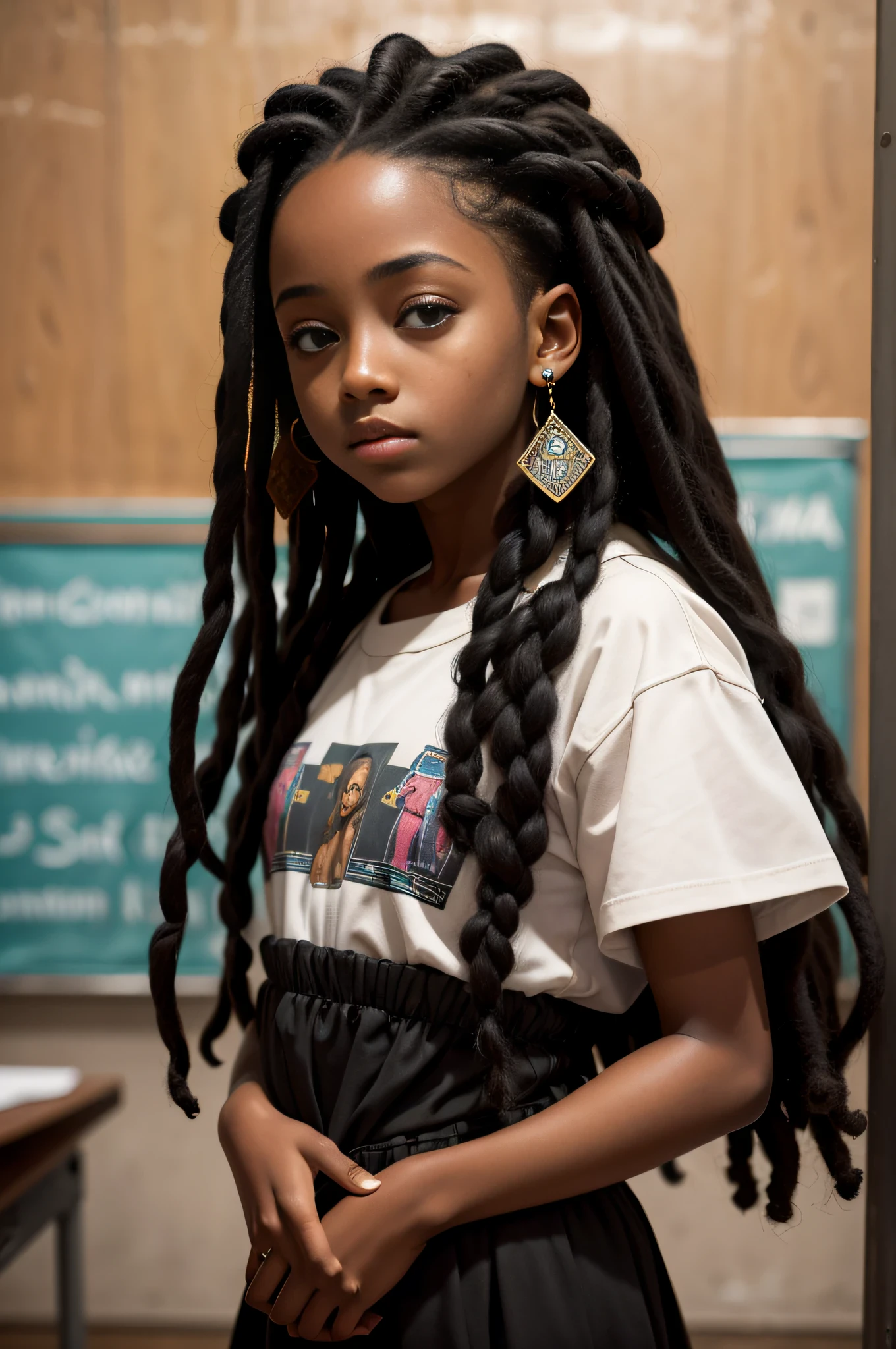 Foto realista Menina negra bonita, menina africana, roupa de menina da escola, pele escura, dreadlocks, tatuagens e piercings, decote, retrato em close-up hiper-realismo, em sala de aula ,16k