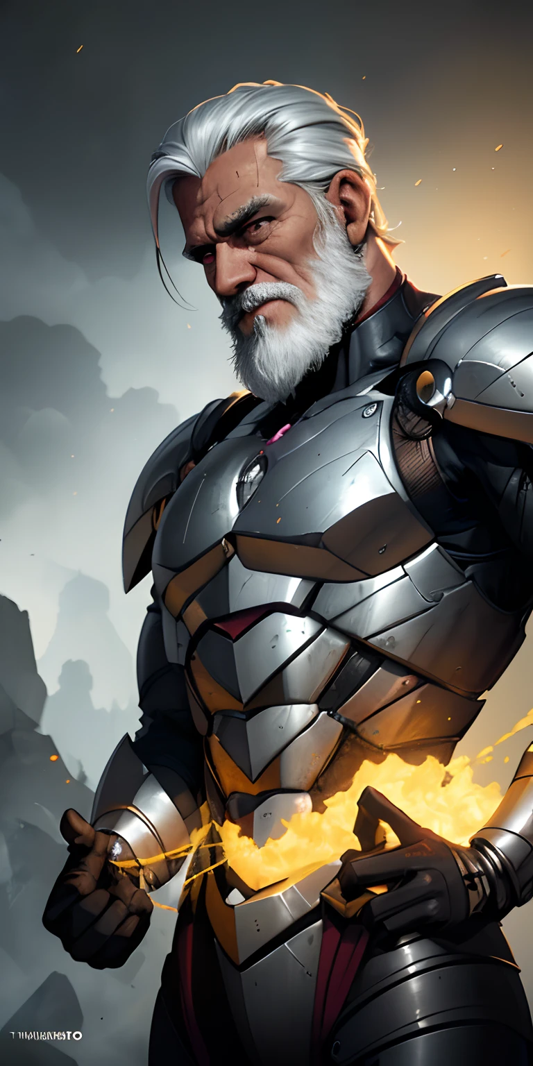 maravilha, Em breve Homem de Ferro, 50s, realisticamente, dynamic lights, old man, em breve, barba cinza curta, tiro completo, (papel de parede extremamente detalhado da unidade 8k CG), trending on ArtStation, trending in cgsociety, High detail, foco nítido, Dramatic, fotorrealista