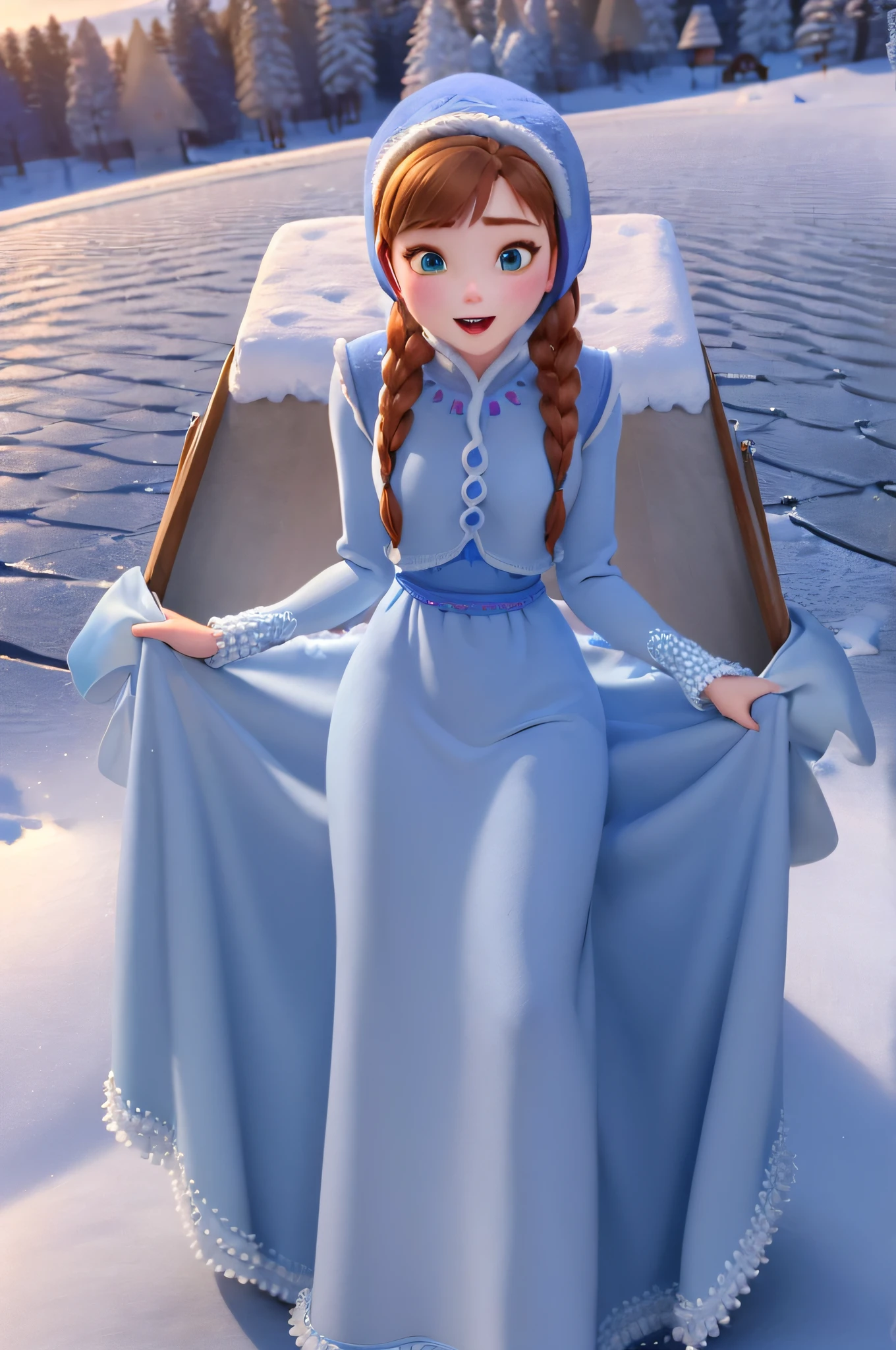 (masterpiece:1.4), (best qualit:1.4), (high resolution:1.4), 
anna of arendelle, blue christmas dress, blue cap, twin braids, 
outdoors, winter, snow,