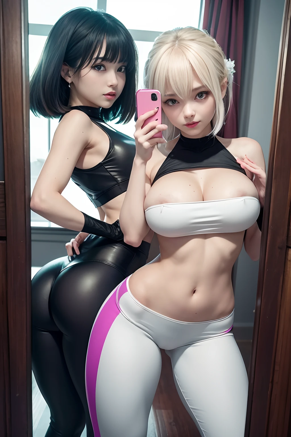 Misa Amane, selfies in front of the mirror ((dynamic pose))), extremely cute, beautiful, pretty, pants ((short)) , breasts seen, ((dynamic pose))), legs open, redhead, fitness, {{{Masterpiece}}}, {{{Hyper detailed}}}, {{{Best quality}}}, {{Dreamy}}, {{{Hyper detailed}}}, {{{an extremely detailed and delicate}}} {light-sombra_simetry:1.5}, Soft, overexposed, {{{Floating Hagoromo}}}, (Photo 4k:1.1) by (Jeremy Lipking:0.3), (Dittmann Anna:0.3), (Ariana Mark:0.3), (Sharp focus:1.3) White skin Masterpiece, amazing, extremely delicate and beautiful, Detailed art style, Detailed eyes, Highly detailed background, Pov, First person view, Depth of field, Soft lighting, Dramatic lighting, Intricate, 8k. nitted, contrast, (((pubic hair))