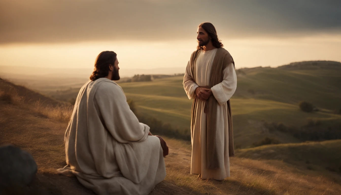 Jesus Christ talking to some disciples on a hill
