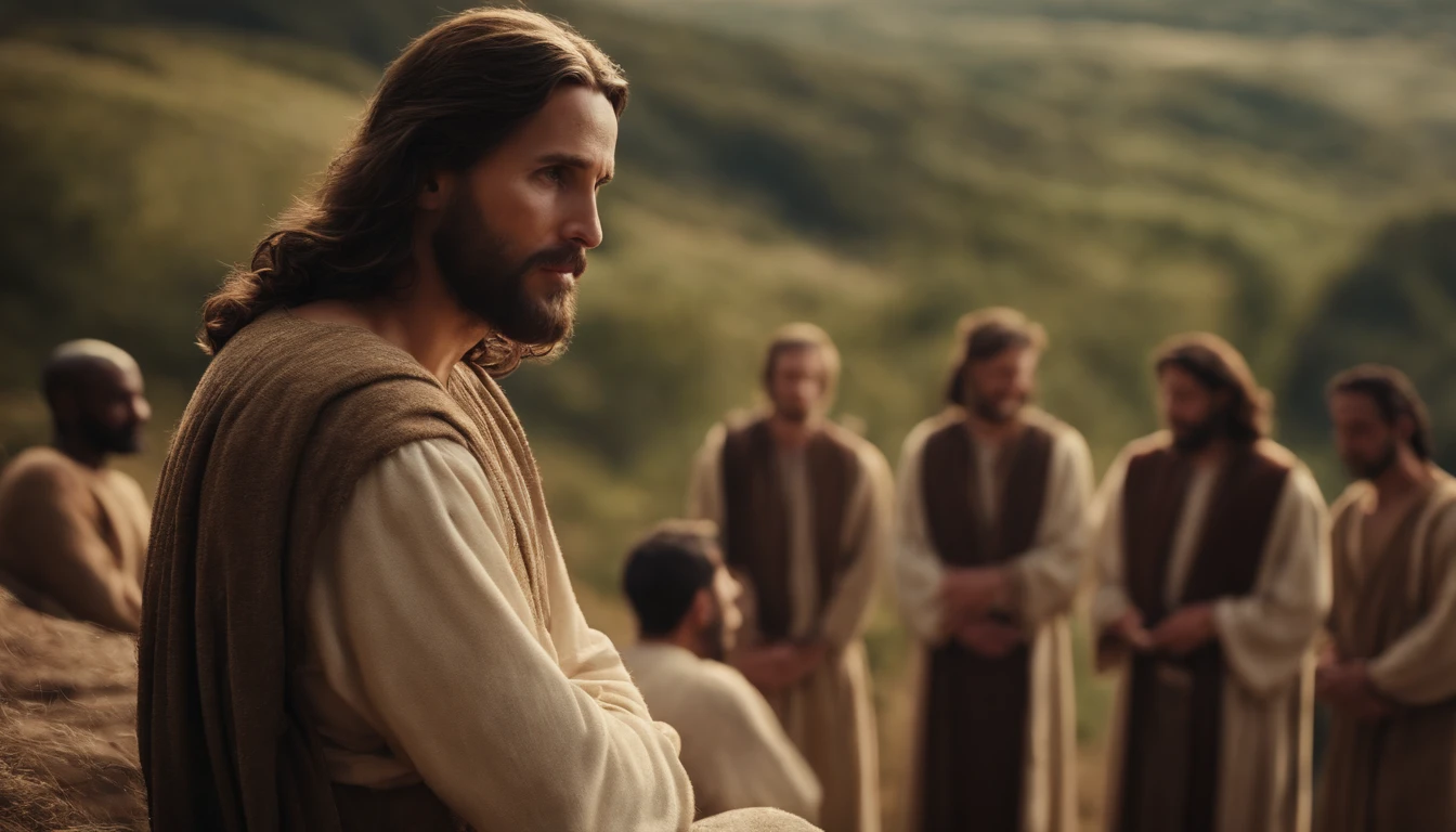 Jesus Christ talking to some disciples on a hill