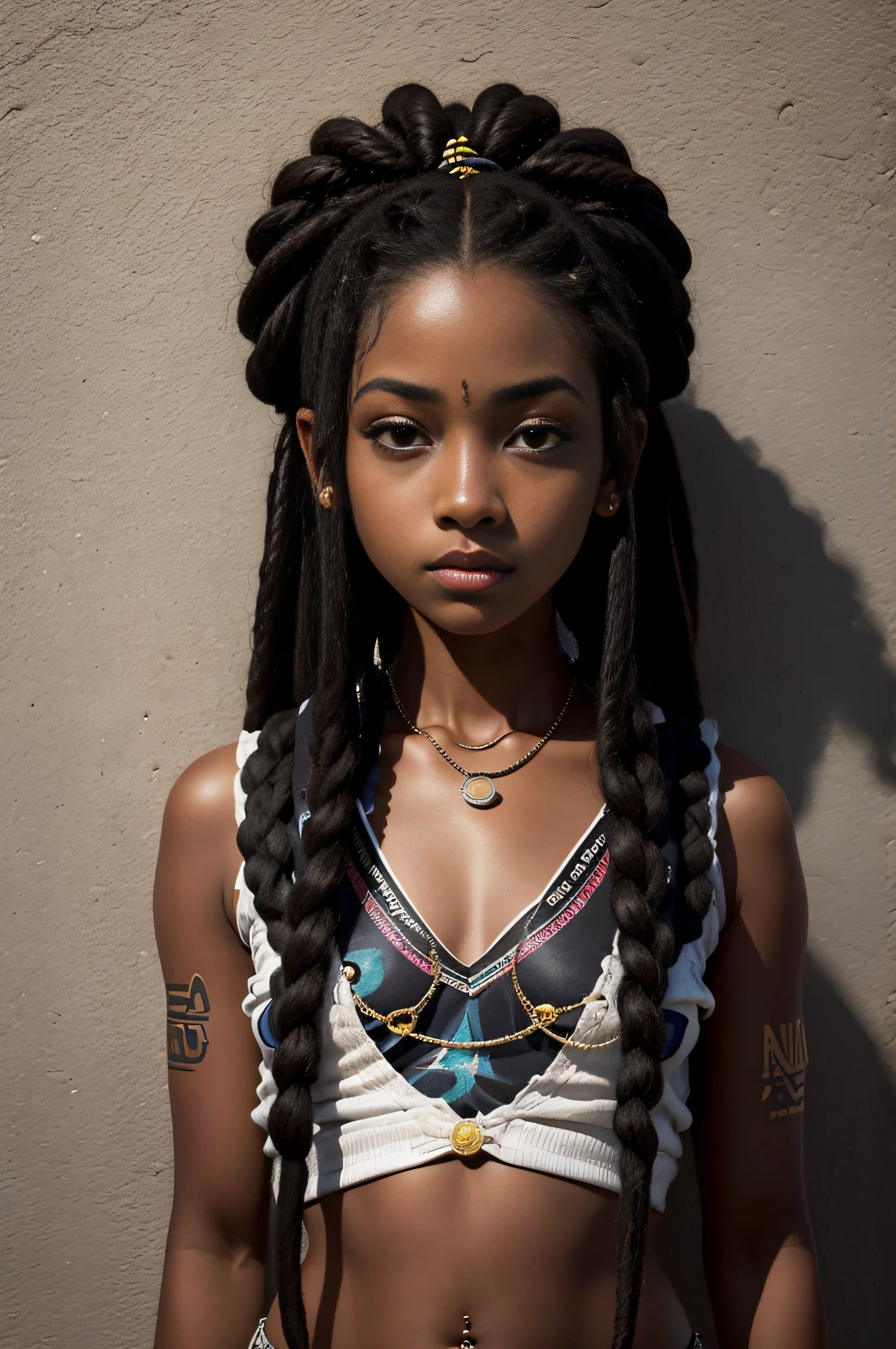 Foto realista Menina negra bonita, menina africana, roupa de menina da escola, pele escura, dreadlocks, tatuagens e piercings, decote, retrato em close-up hiper-realismo, em sala de aula ,16k