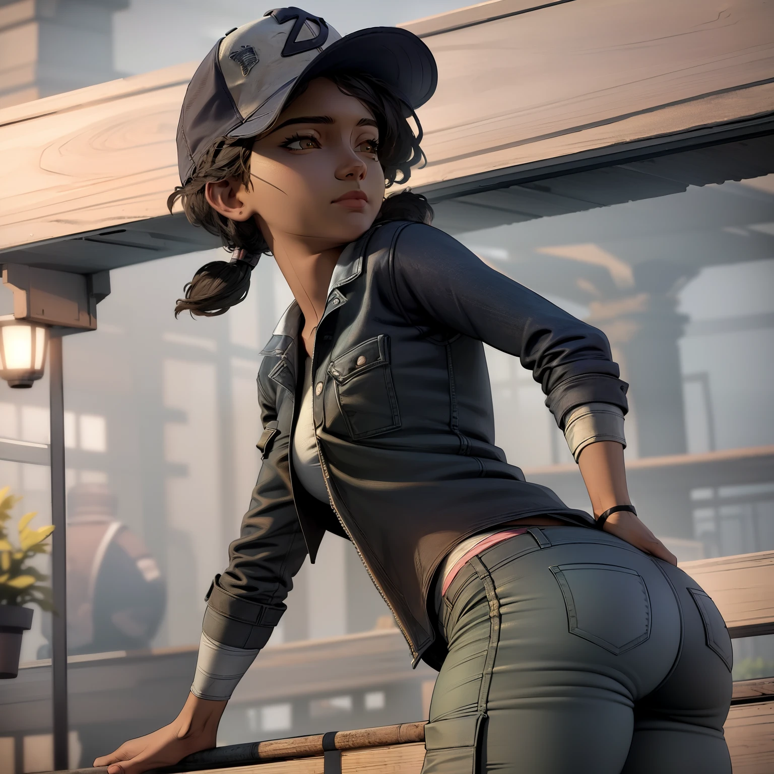 ((masterpiece, best quality)),(complex lighting) , solo,1girl,upper body, clementine,  dark skin,dark-skinned female,  baseball cap, green cargo pants, tight pants, shirt, short twintails,open denim jacket, big butt, thicc