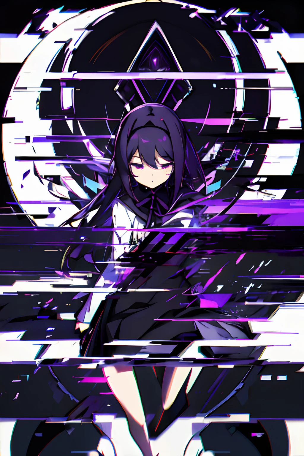 ghostrickscb,Glitching, glitch,4k, vintage vhs glitch,white black gradient background,homura akemi, black dress, black angel wings