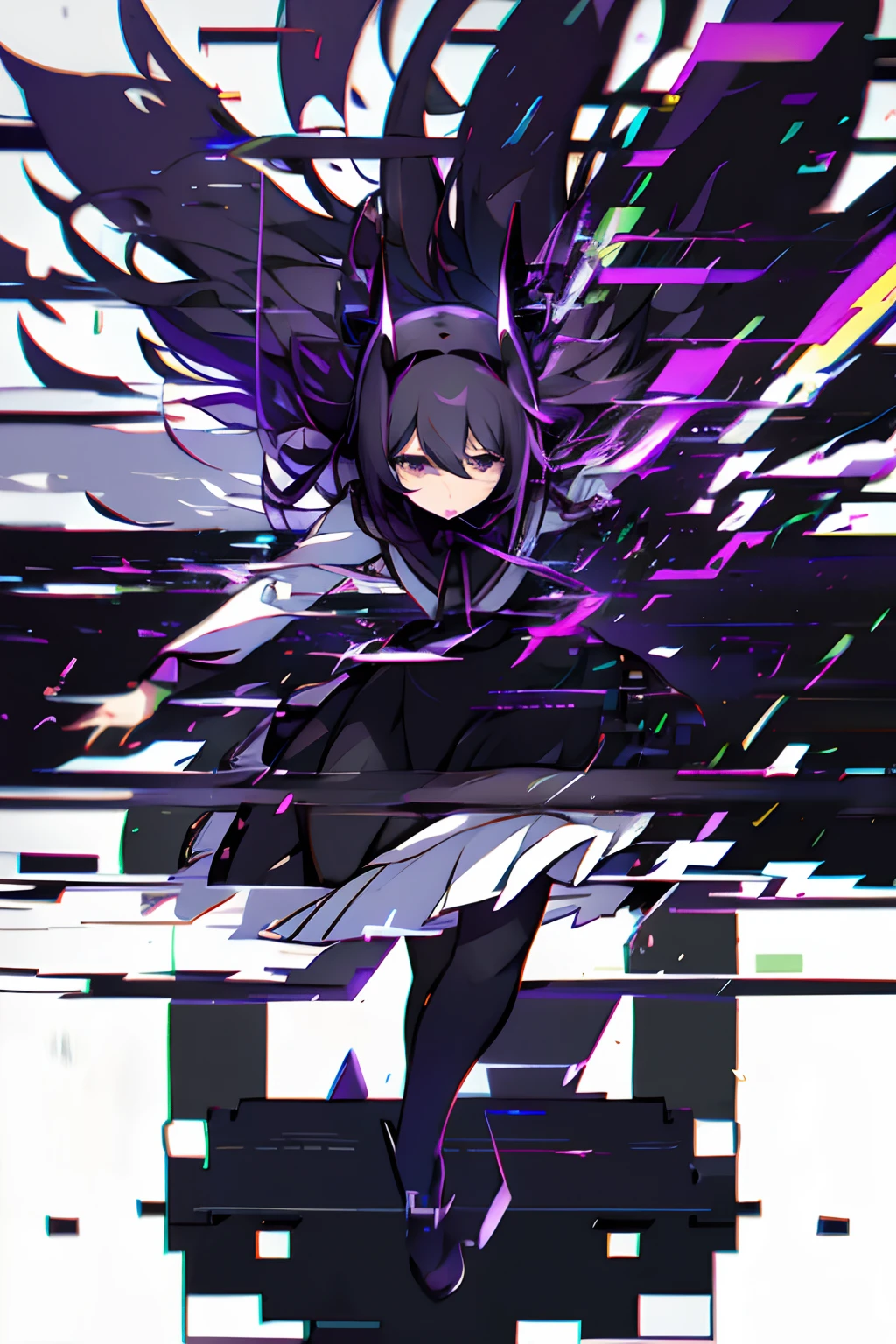 ghostrickscb,Glitching, glitch,4k, vintage vhs glitch,white black gradient background,homura akemi, black dress, black angel wings