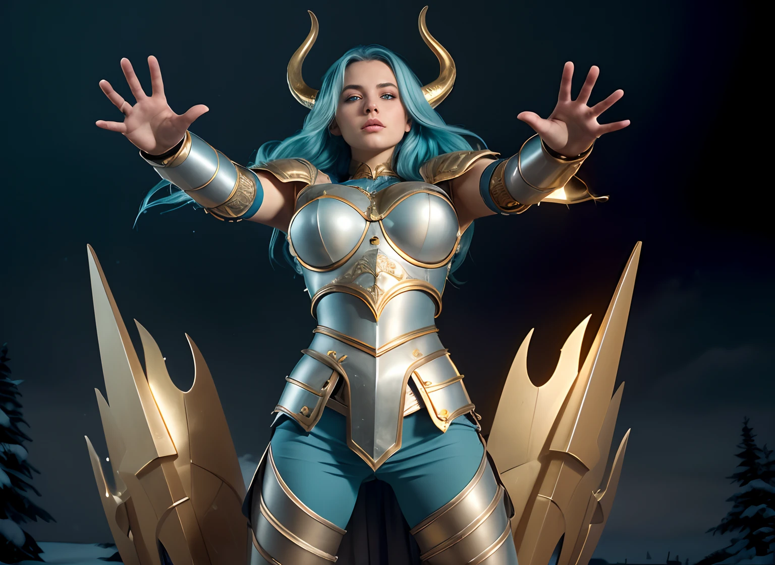realistic), (cinematic shot), slightly low view. upper body of an beautiful young girl knight, 1girl, woman, in medieval armor, (detailed face), ((pretty big turquoise eyes)), with very long hair, (light blue hair), (long hair), ((messy hair)), ((bands)) blowing hair, (big breasts), near a snow castle at winter, golden armor, golden horns on helmet, (full body armor), ((bright intricate armor)), (light blue legging), ((crome intense gold armor)), (detailed armor, high quality), ((ornate armor)), (hdr), (noble), inspiring, film, cinematic lighting. ((light blue pants)). ((delicate face)). Full body-armor.( Enlongated armor skirt)). The most beautiful warrior. Ultrarealistic landscape.