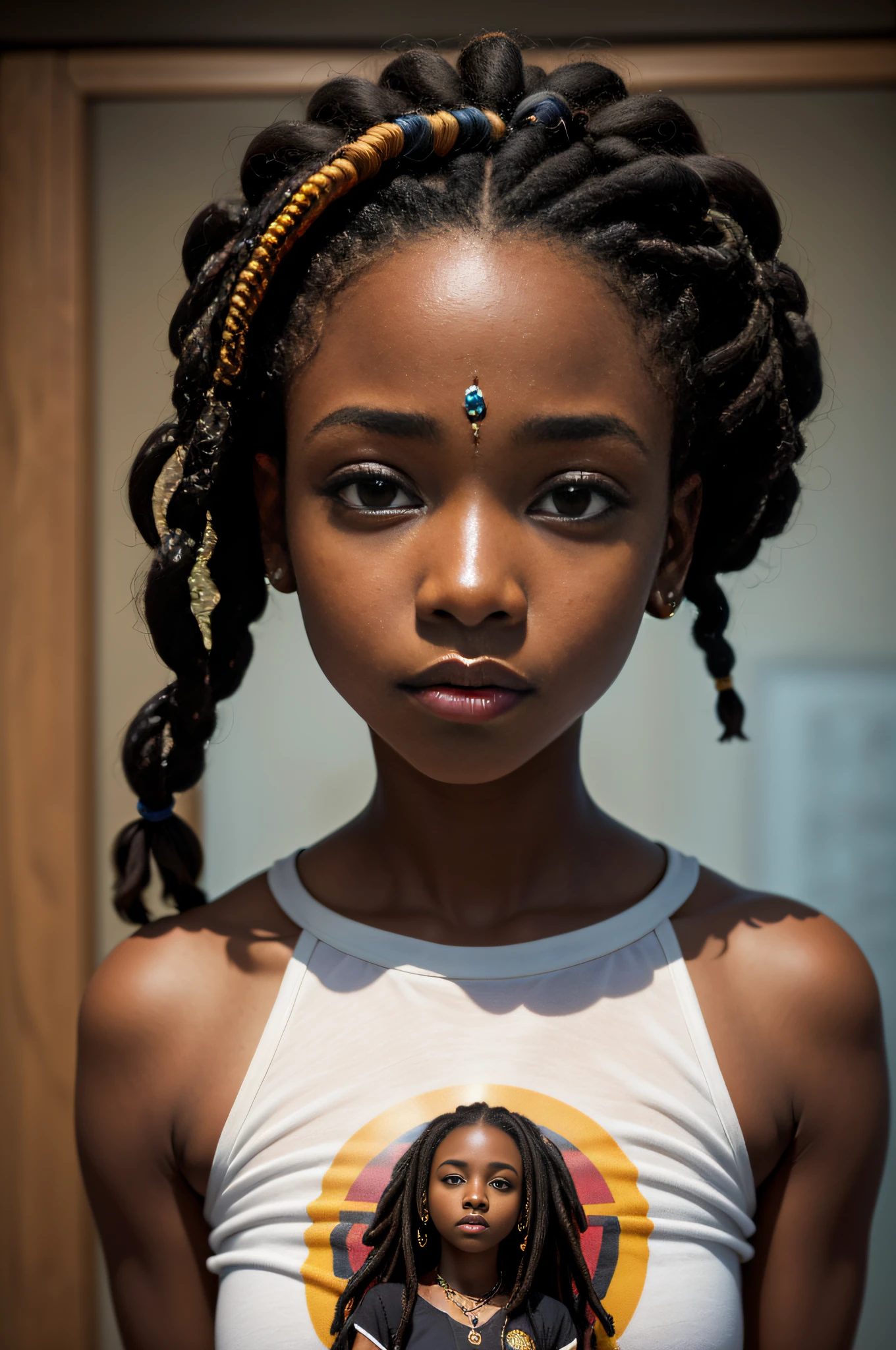 Foto realista Menina negra bonita, menina africana, roupa de menina da escola, pele escura, dreadlocks, tatuagens e piercings, decote, retrato em close-up hiper-realismo, em sala de aula ,16k
