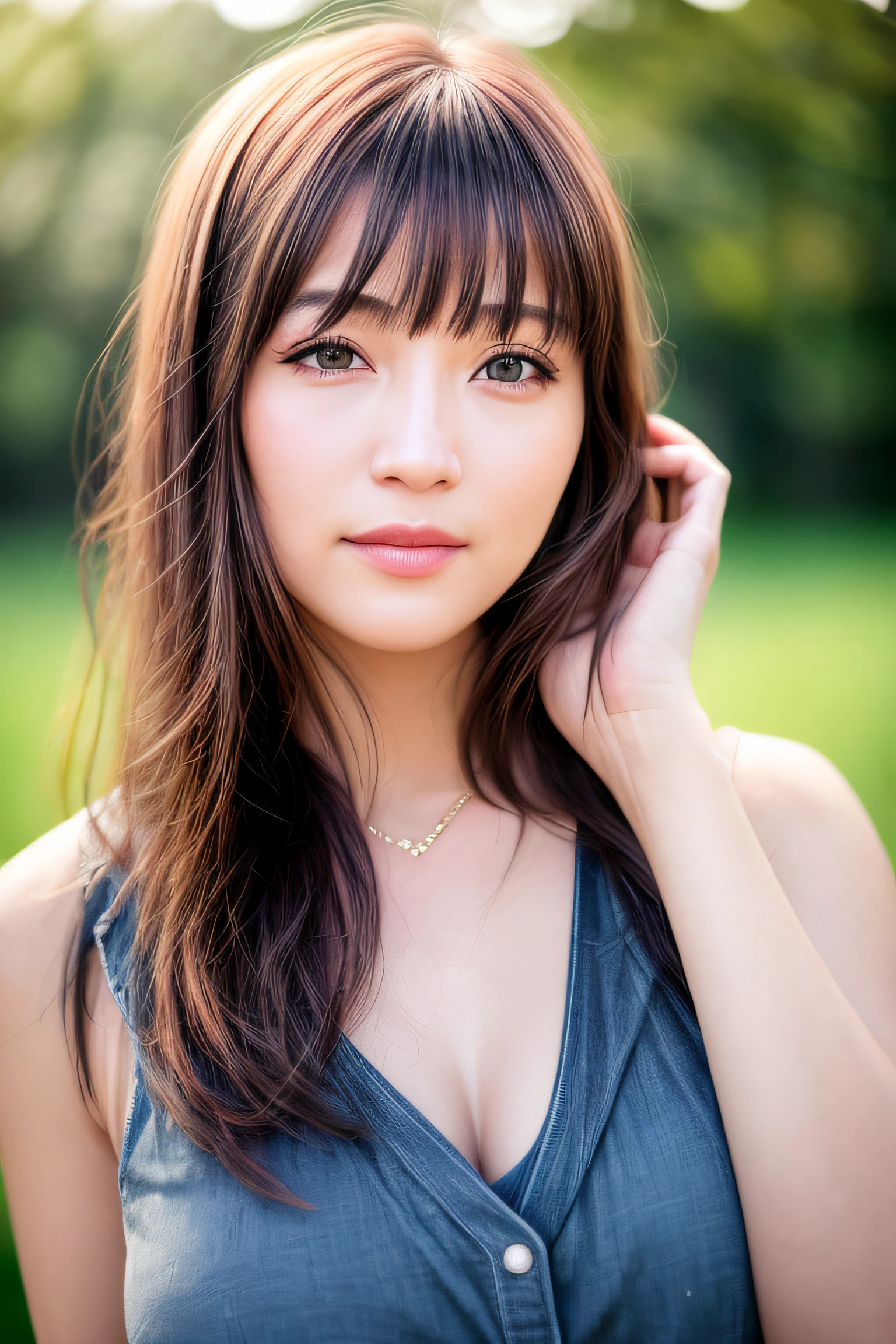 1 Japanese lady, 40 years old, Extremely beautiful, (Extremely cute), (extremely detailed beautiful face), Amazing face and eyes, rather dense hair, various hair style, slightly brighter eyes, normal makeup, (Mini dress with camisole), (Best Quality:1.4), (Ultra-detailed), extremely detailed CG unified 8k wallpaper, A hyper-realistic, (Photorealsitic:1.4), Raw photography, professional photograpy, Cinematic lighting, Realistic portrait, ((Bokeh)), (depth of fields:1.4), (View photographer:1.3), (in a Park with a pond), Small breasts, extremely thin waist, (full body Esbian), Accurate eyes, Beautiful mouth, (Keep your mouth completely closed), (early evening:1.3), (look at a camera), (brilliant sunset:1.25), no sleeves, Melancholy look