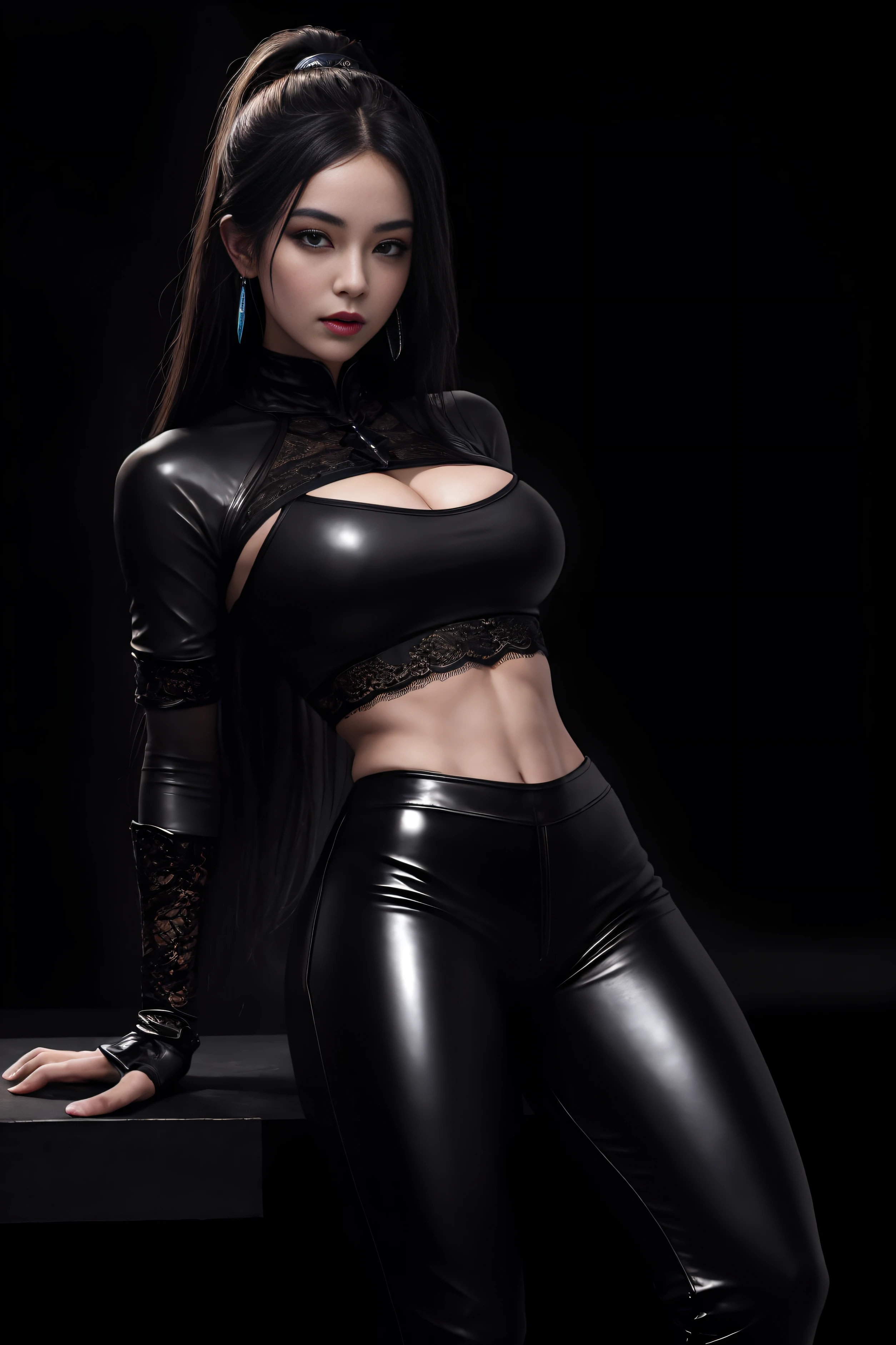 (masterpiece, top quality, best quality, official art, beautiful and aesthetic:1.2), (1girl:1.3), (fractal art:1.3), solo, Jade from mortal kombat, Mortal Kombat video game, black headband, long hair, large breasts, deep cleavage, beautiful face, Asian lady, see-through lace top, ((tight fitted pants)), black gloves, black brown hair, long patent leather black boots , earrings, midriff, navel, toned, looking at viewer, full body, seductive stance, legs apart, (dark city night black background:1.4), bright neon lighting, cinematic lighting