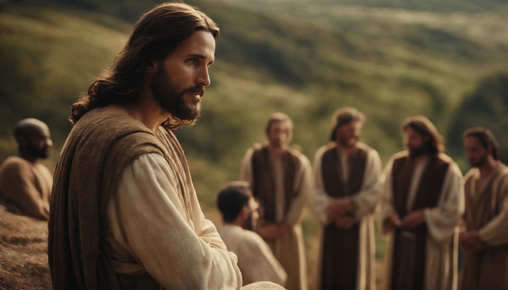Jesus Christ talking to some disciples on a hill