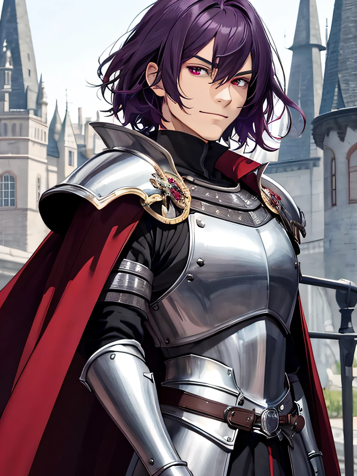 masterpiece, best quality, 1man, adult, masculine, male focus, solo, dark purple hair, smirk, man, short lenght hair, vibrant red eyes, looking at viewer, cape, High quality metal texture, closed mouth, bangs, high collar,(kbxll:0.6), Fantasy aesthetics, Highly detailed, shadowverse style, medieval castle, knight, full plate armor