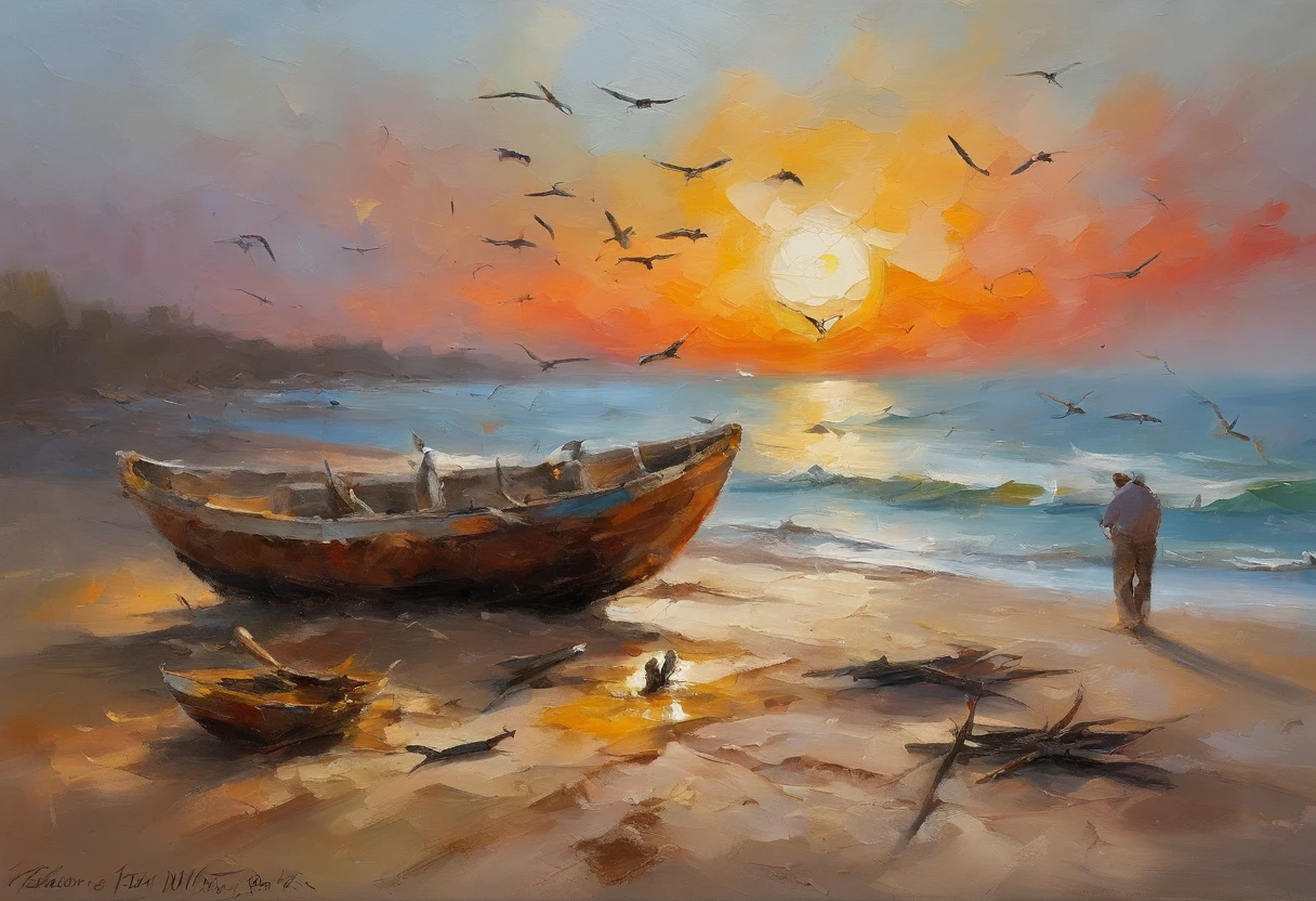 A broken boat on a dirt beach with a fisherman behind it carrying a group of fish at sunset and seagulls flying on the horizon