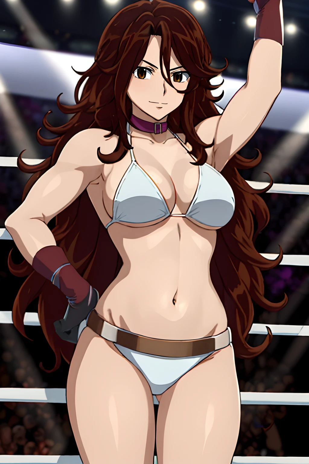 curvy belly, titration screen,, Elegant lady, (upper body only), anime style: 1.8, anime drawing, ultra detailed face, ultra detailed body, 4k, Sumergai Lee Noriega, (standing), best quality, anime style, hires, highest definition, digital blending, bold drawing lines, ((wwe diva), (location: wrestling arena, crowds watching), ( big shoulders, slim body, (wrestler body, thick arms, detailed biceps), , broad shoulders, closed fists, (very curvy: 2.8)), ((white bikini, only, white gloves, collar, hand protector, (champion belt on bare belly))), loser, defeated, sad, (pale skin, big breasts, smile), (big eyes, brown eyes), (clapping), ( brown hair, loose hair, curly hair, wavy hair, long hair, missy hair), 27 years old,