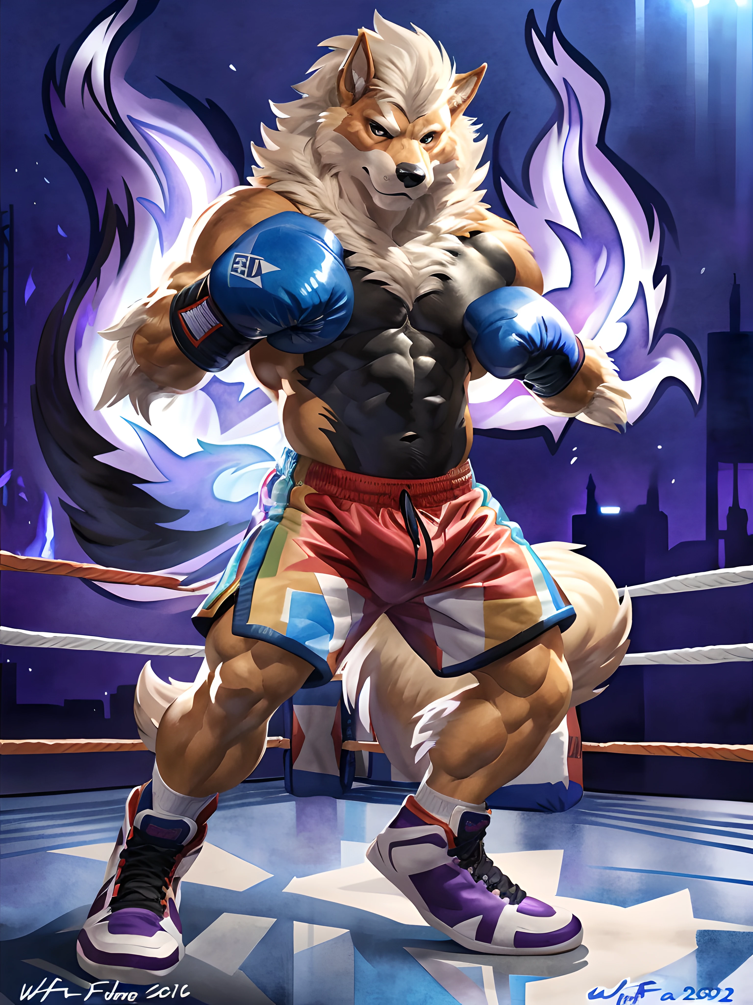 anthro Arcanine, standing towards camera, wearing boxing gloves, action pose. 4k, high resolution, best quality, posted on e621, (solo:1.2), anthro body, male, (mane:1.1), adult, masculine, (very muscular, heavyweight:1.2), correct anatomy, (black watercolor background:0.8), (standing in a purple fire, blue fire floor, black fire, large flames:1.2), (watercolor background:0.8), (by wfa:1.2), (by chunie, by Taran Fiddler:0.8), (detailed eyes:1.2), (cel shaded:1.2), cartoony shading, (watercolors:0.8), (fluffy tail:1.2), (full body:1.3), (boxing gloves:1.1), (boxing trunks:1.2), (looking at viewer:1.2), bright eyes, (black stomach, black chest:1.2), (boxing shoes:1.2), serious face, legs spread, shiny fur, backlight, confident, proud