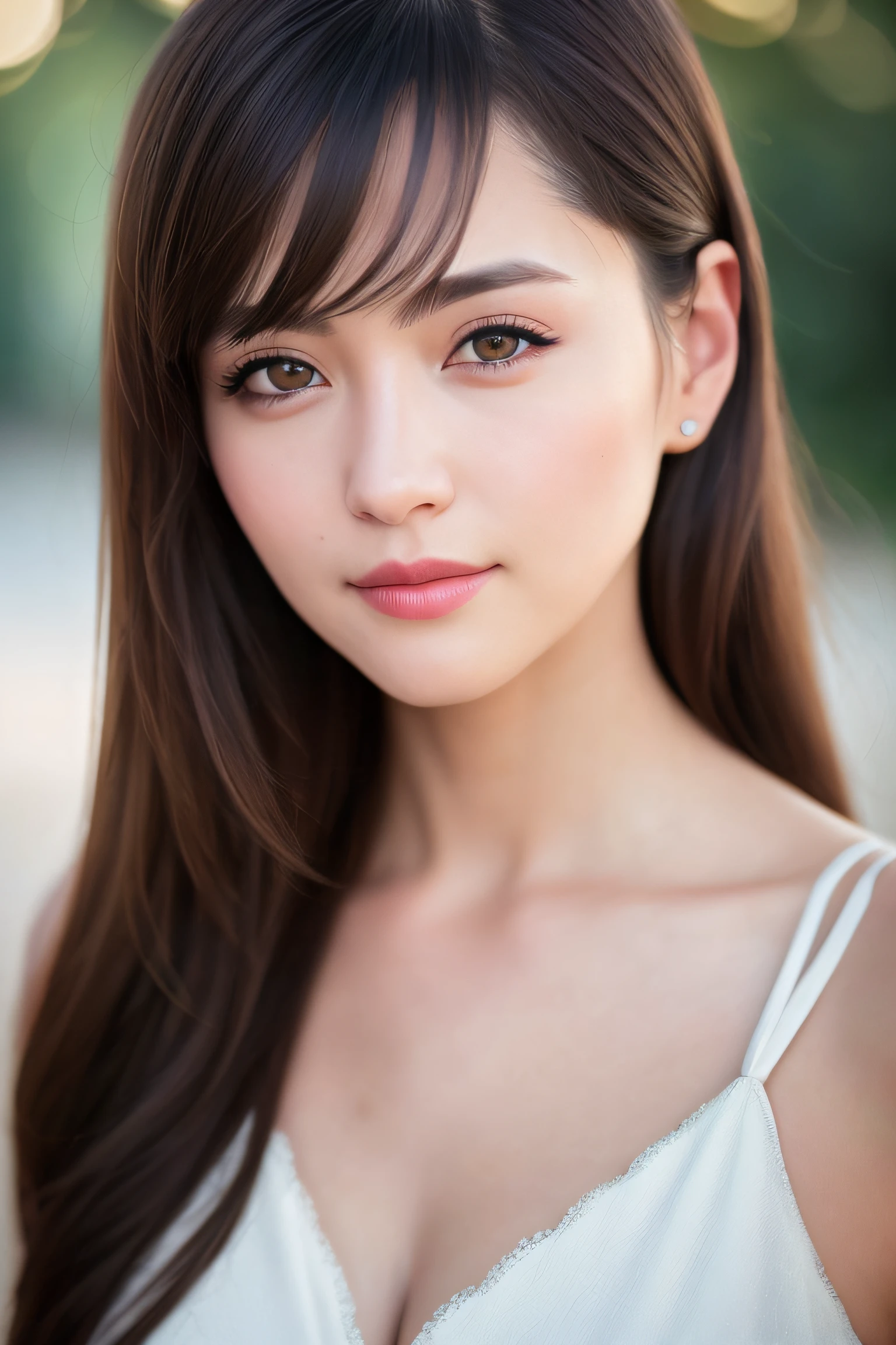 (best quality,4k,8k,highres,masterpiece:1.2),ultra-detailed,(realistic,photorealistic,photo-realistic:1.37), (((big boobs))), portrait,Asian woman,perfect face,loving gaze,30 years old,fine detailed eyes,fine detailed lips,fair skin complexion,glossy black hair,slim figure,stylishly dressed,sophisticated makeup,beautifully arched eyebrows,sparkling eyes,gentle smile,expressive features,youthful look,colorful background,soft lighting,subtle shadows,vibrant colors,bright and warm tones,sunset glow,modern art style,beautiful composition,fashionable setting,confident pose,engaging expression,cityscape in the distance,shallow depth of field,bokeh effect,lush greenery surrounding,relaxed and natural atmosphere,graceful and elegant demeanor,thoughtful and introspective mood.