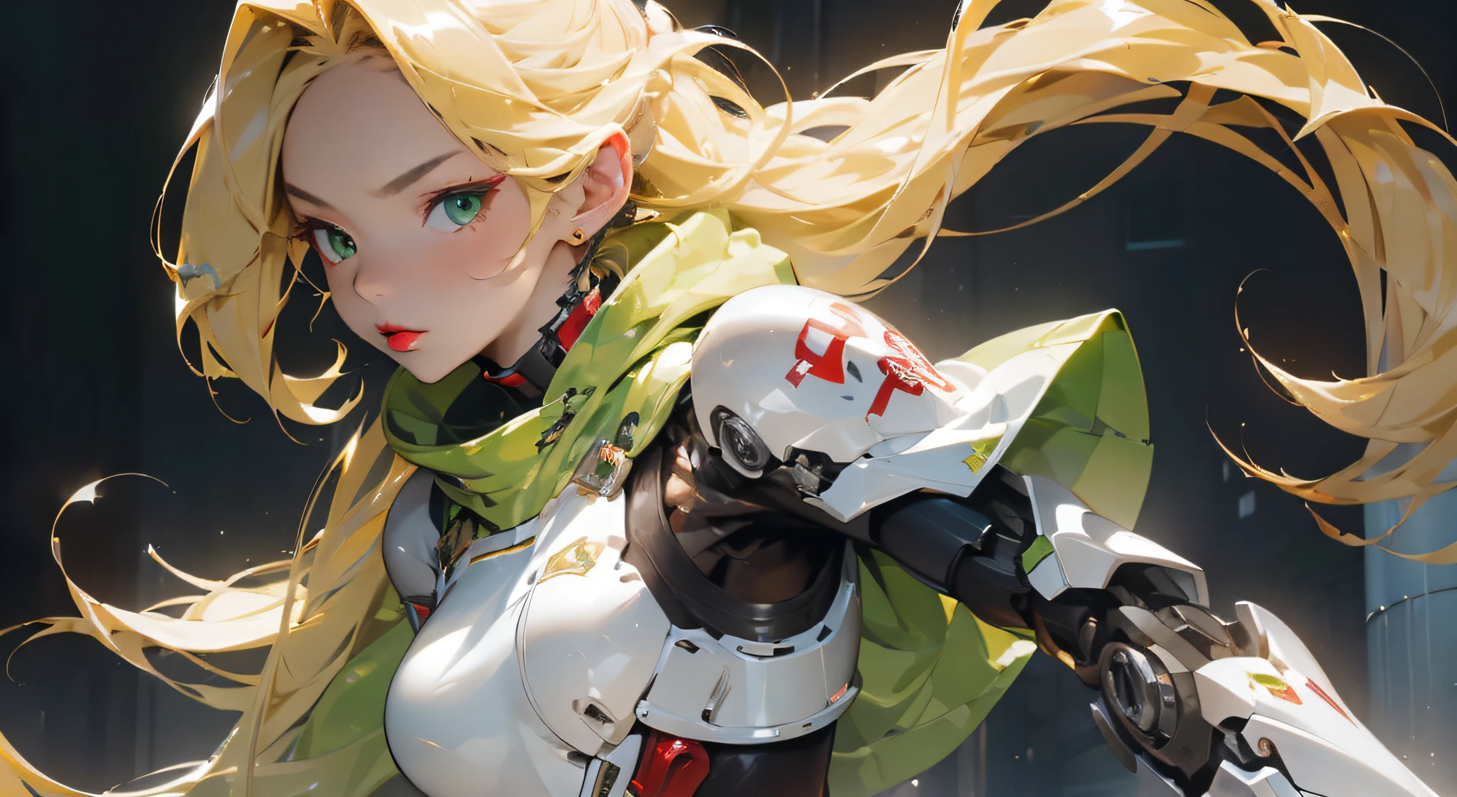 ((masterpiece)), one girl closeup, HDR, Hi Res, long blonde hair, green eyes, red lipstick, mecha musume, mecha armor, perfect face, perfect legs, perfect arms, perfect hands, crossed arms