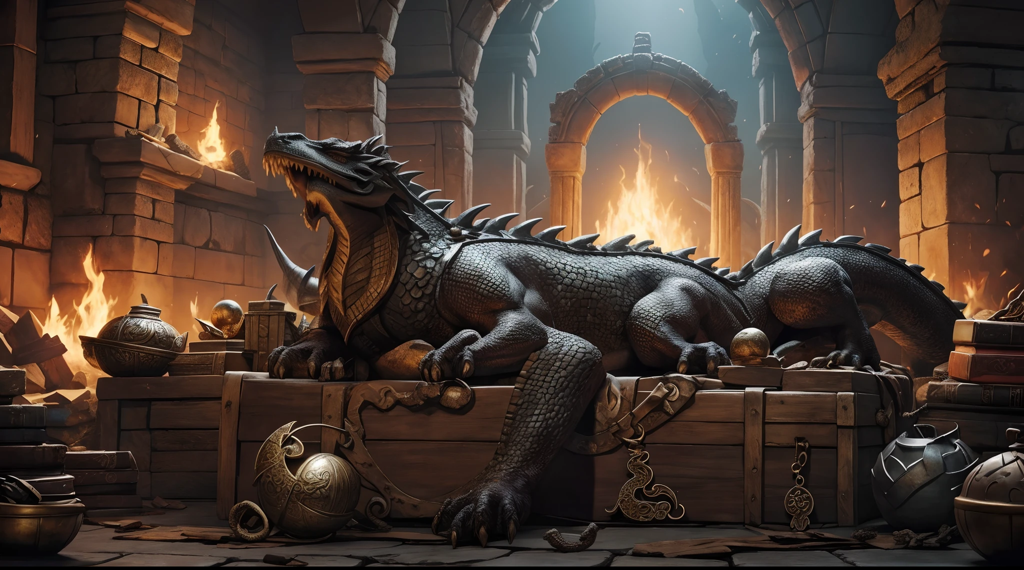 An ancient dragon asleep on its treasure hoard, dwarven ruins background