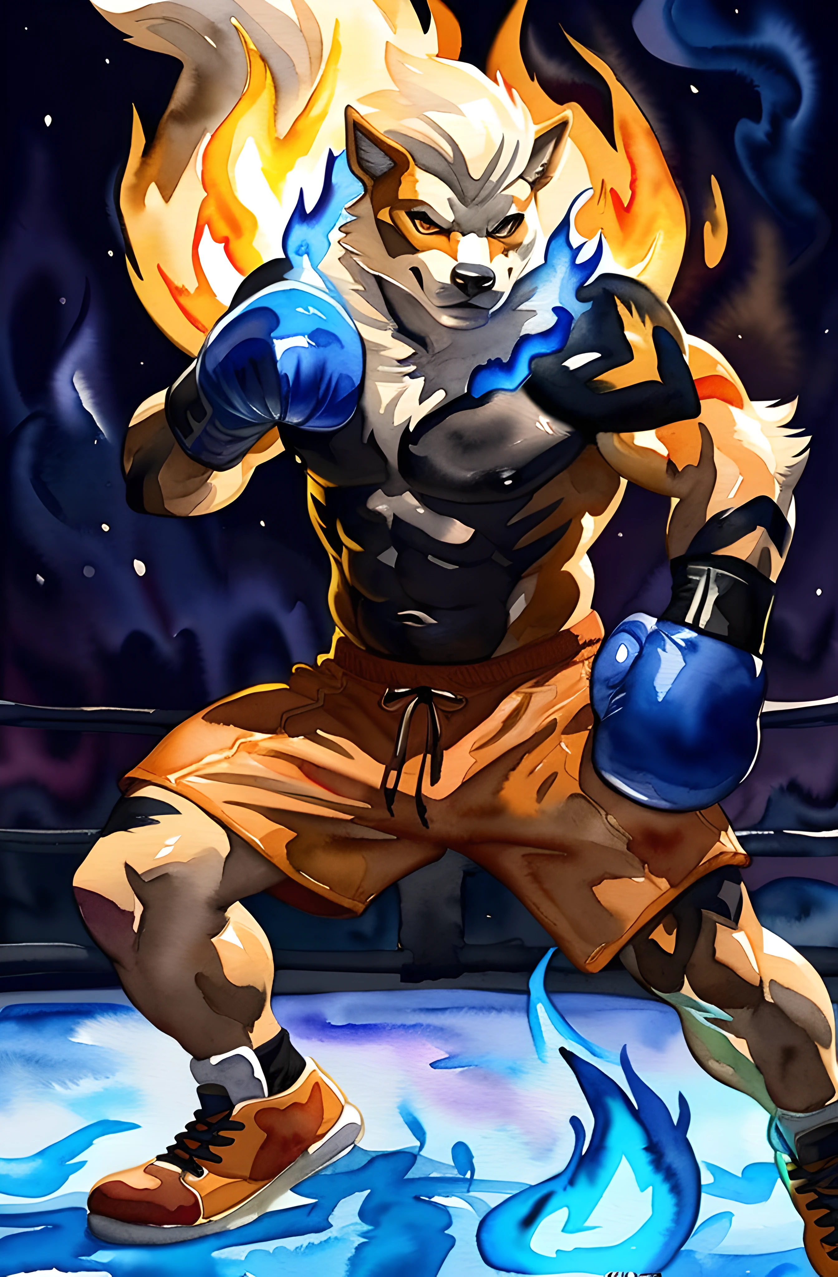 anthro Arcanine, standing towards camera, wearing boxing gloves, action pose. 4k, high resolution, best quality, posted on e621, (solo:1.2), anthro body, male, (mane on fire:1.1), adult, masculine, (very muscular, heavyweight:1.2), correct anatomy, (black watercolor background:1.1), (on orange fire, blue fire floor, black fire, large flames:1.2), (watercolor background:1.3), (by wfa:1.2), (by chunie, by Taran Fiddler:0.8), (detailed eyes:1.2), (cel shaded:1.2), cartoony shading, (watercolors:1.2), (half body:1.2), (boxing gloves:1.1), (boxing trunks:1.2), (looking at viewer:1.2), bright eyes, (black stomach, black chest:1.2), serious face, legs spread, shiny fur, backlight, confident, proud, (boxing shoes:1.0)