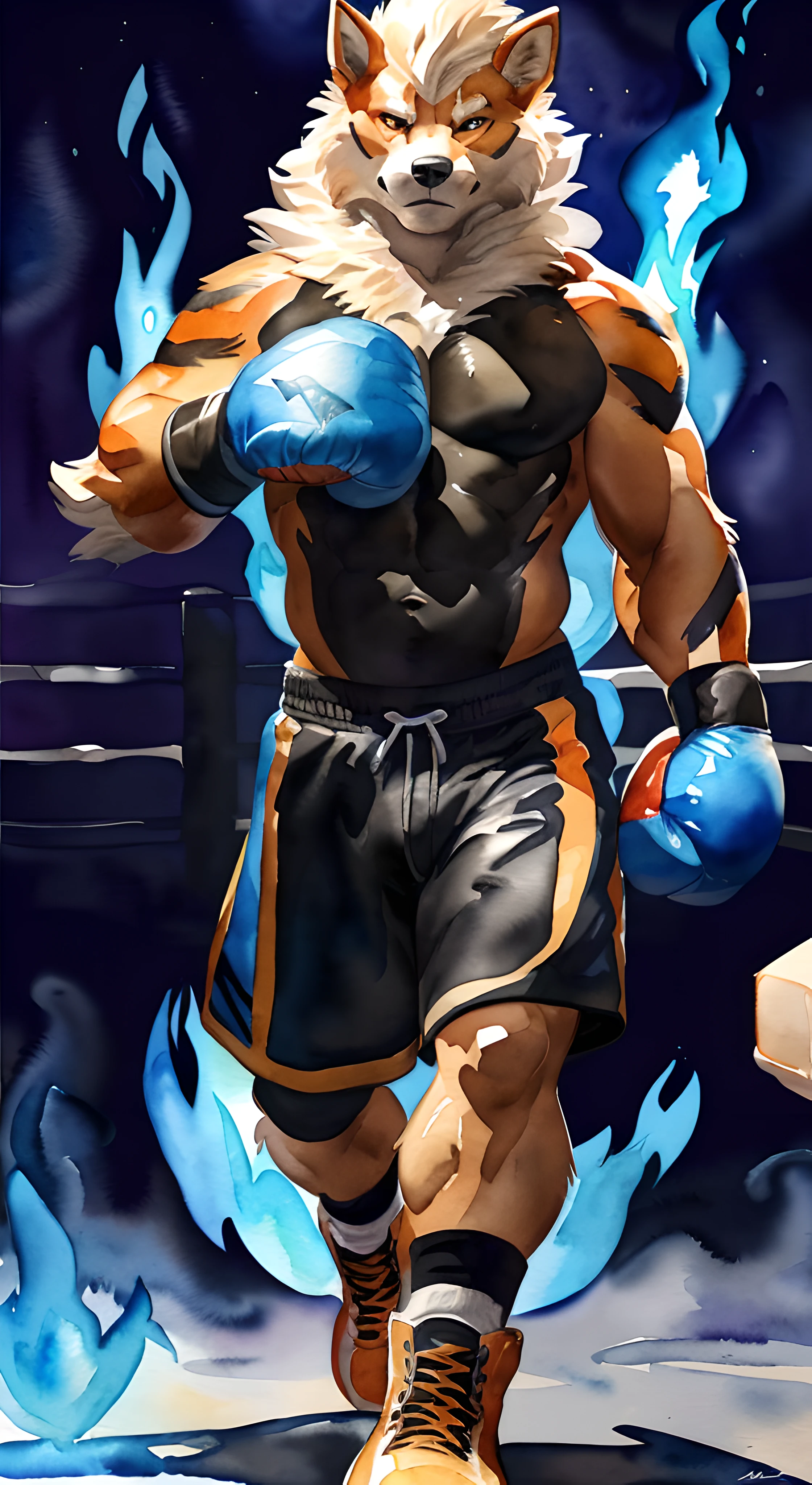 anthro Arcanine, standing towards camera, wearing boxing gloves, (walking towards camera:1.2), 4k, high resolution, best quality, posted on e621, (solo:1.2), anthro body, male, (mane:1.1), adult, masculine, (very muscular, heavyweight:1.2), correct anatomy, (black watercolor background:1.1), (standing in black fire, blue fire to the right, orange fire to the left:1.3), (watercolor background:1.3), (by wfa:1.2), (by chunie, by Taran Fiddler:0.8), (detailed eyes:1.2), (cel shaded:1.2), cartoony shading, (watercolors:1.2), (full body:1.3), (boxing gloves:1.1), (boxing trunks:1.2), (looking at viewer:1.2), bright eyes, (black stomach, black chest:1.2), (boxing shoes:1.2), serious face, legs spread, shiny fur, backlight, confident, proud