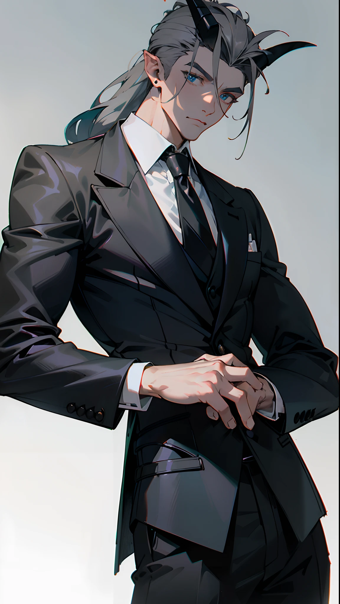 (masterpiece, best quality:1.3),beautiful detailed glow,best illuminate,(((best quality,textile shading,ultra detailed))),extremely detailed CG unity 8k wallpaper,Highly Detailed beautiful and aesthetic,best light,high resolution,detailed,dynamic lighting , 1Character , pastel washed out colors , cell shade , soft, muted shades ,gentle colors ,
He wears a tailored black blazer with sleek lines and silver metal accents, adding a touch of modern sophistication to his ensemble, The blazer features a high collar and is left unbuttoned, revealing a hint of a fitted black silk shirt, fitted black trousers with subtle leather detailing, silver studded leather belt, multiple silver rings, and a dark velvet bow tie,
Handsome man , mature man , long hair , blue hair , blue eye , ((muscular:1)) , ((masculine)), ((has gray horns on the sides of his head:1.4)) , ((mature:1)), age 43