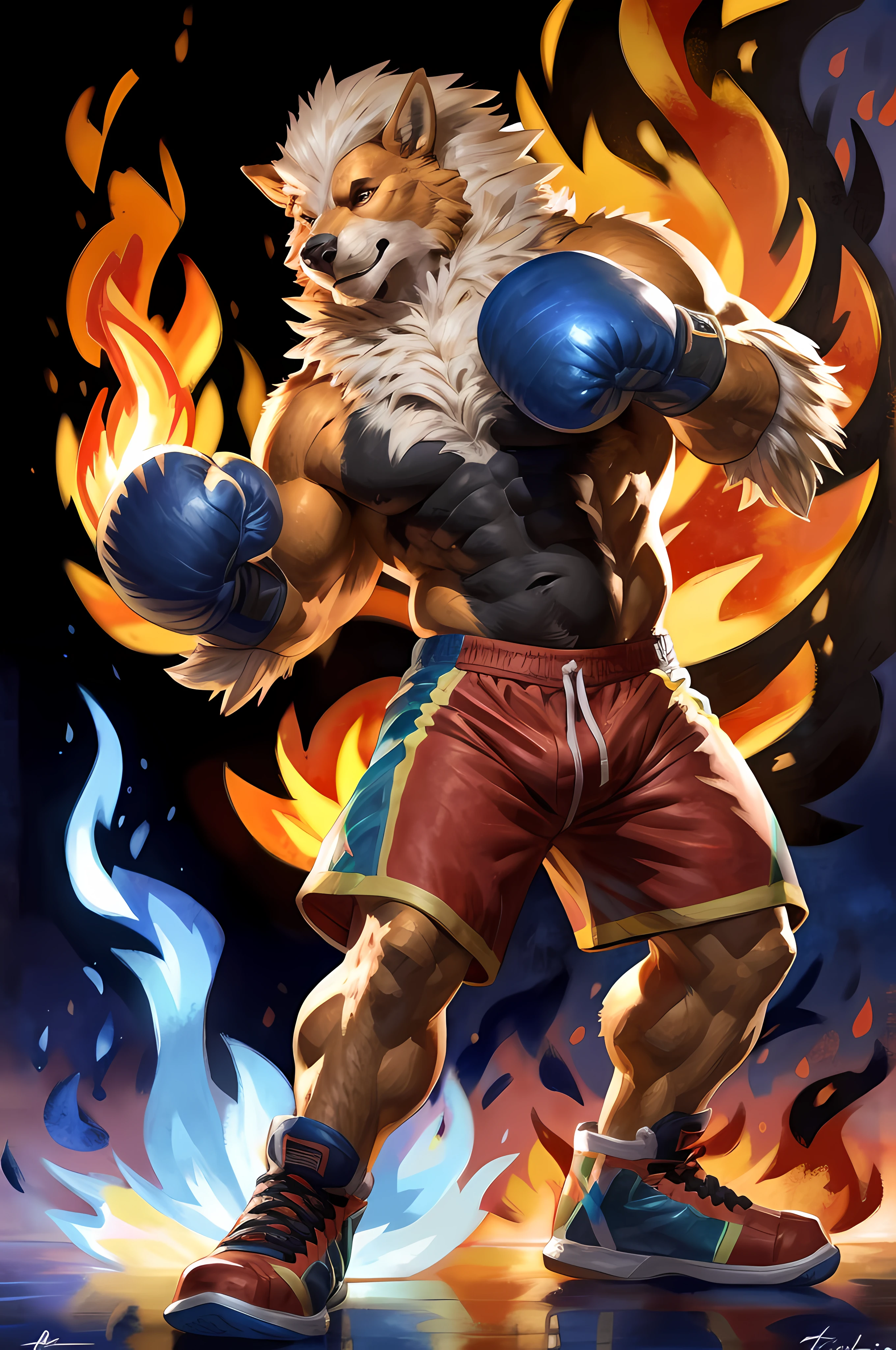 anthro Arcanine, standing towards camera, wearing boxing gloves, action pose. 4k, high resolution, best quality, posted on e621, (solo:1.2), anthro body, male, (mane, mane on fire:1.1), adult, masculine, (very muscular, heavyweight:1.2), correct anatomy, (black watercolor background:0.5), (standing in a black fire, blue fire floor, red fire, large flames:1.3), (watercolor background, fire explosion background:0.5), (by wfa:1.0), (by Taran Fiddler:1.0), (detailed eyes:1.2), (cel shaded:1.2), cartoony shading, (watercolors:0.5), (fluffy tail:1.2), (full body:1.0), (boxing gloves:1.1), (boxing trunks:1.2), bright eyes, (black stomach, black chest:1.0), (boxing shoes:1.2), serious face, legs spread, shiny fur, backlight, confident, proud, fur on fire