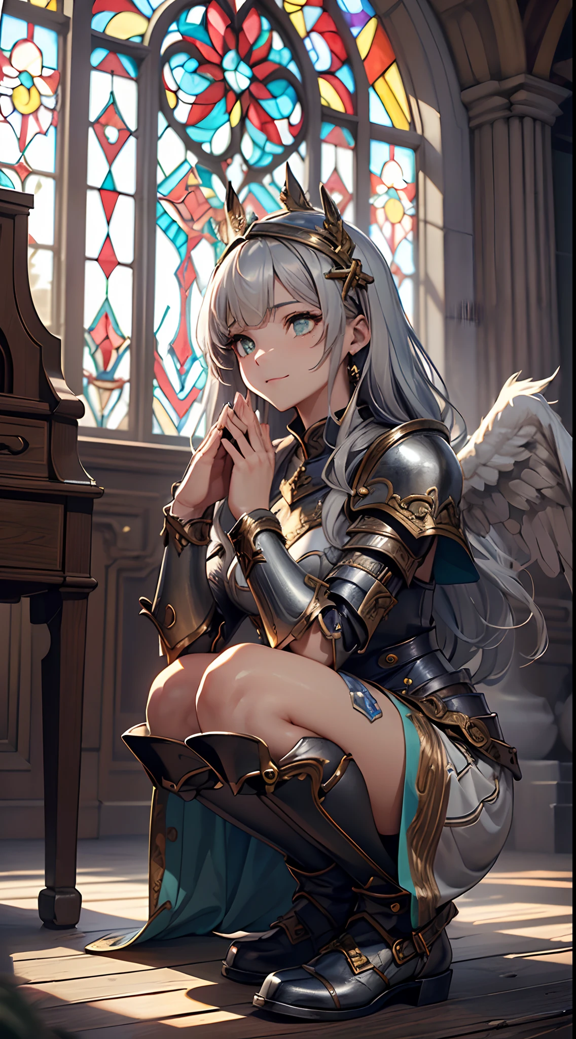 (Official art、Best Quality、Unity 8k Wallpapers、32K、​masterpiece、ultra-detailliert、超A high resolution、realisitic、Photorealsitic、Very ridiculous:1.2)、(Cinematic lighting:1.2)、Fireglow effect、film grains、Best Shadows、sideshot、Rim lighting、side lights、(Ultra-detailed and complex 3D rendering)、Detailed beautiful face and eyes、Sharp pupils、Realistic pupils、A slender、１Man Woman、Medium bust、(cowboy  shot:1.2)、 beauitful face、16-year-old beautiful girl、(super detailed skin、detailed skin textures:1.3)、(silver blond、Blue-silver hair:1.3)、Paladin、Longhaire、Blunt bangs、Green eyes、3 braids in 1 bunch、(Blue Armor、Blue Boots、Blue helmet、Jeweled、Gold embroidery)、A slender、Maxi skirt、(thighs thighs thighs thighs:0.8)、(chies、in a house、Artistic stained glass、Large pipe organ、crosses、Hello Point、Mystical、a lot of feathers float、angelicales、Particles of light、solemnity、Sunlight is、colourfull、Fantastical:1.2)、(Fantastical:1.3)、(Prayer、crouching down:1.4)、(Looking away、looking distantly:1.3)、Fantastical、Gentle smile