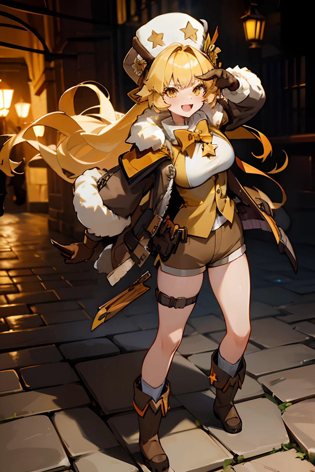 masterpiece, best quality, ((hook)), blonde hair, (yellow hair), gloves, yellow eyes, boots, 1girl, (fur trim), (jacket), :d, bangs, bow, (fur hat), (shorts), star (symbol), looking at viewer, long hair, standing, solo focus, brown gloves, brown footwear, open clothes, long sleeves, full body, bowtie, shirt, (open jacket), (brown shorts), (brown jacket), adult body, athletic body, divine proportions, large breasts, sexy, angry, tsundere, dark alley, night, cobblestone streets, soft orange lighting.