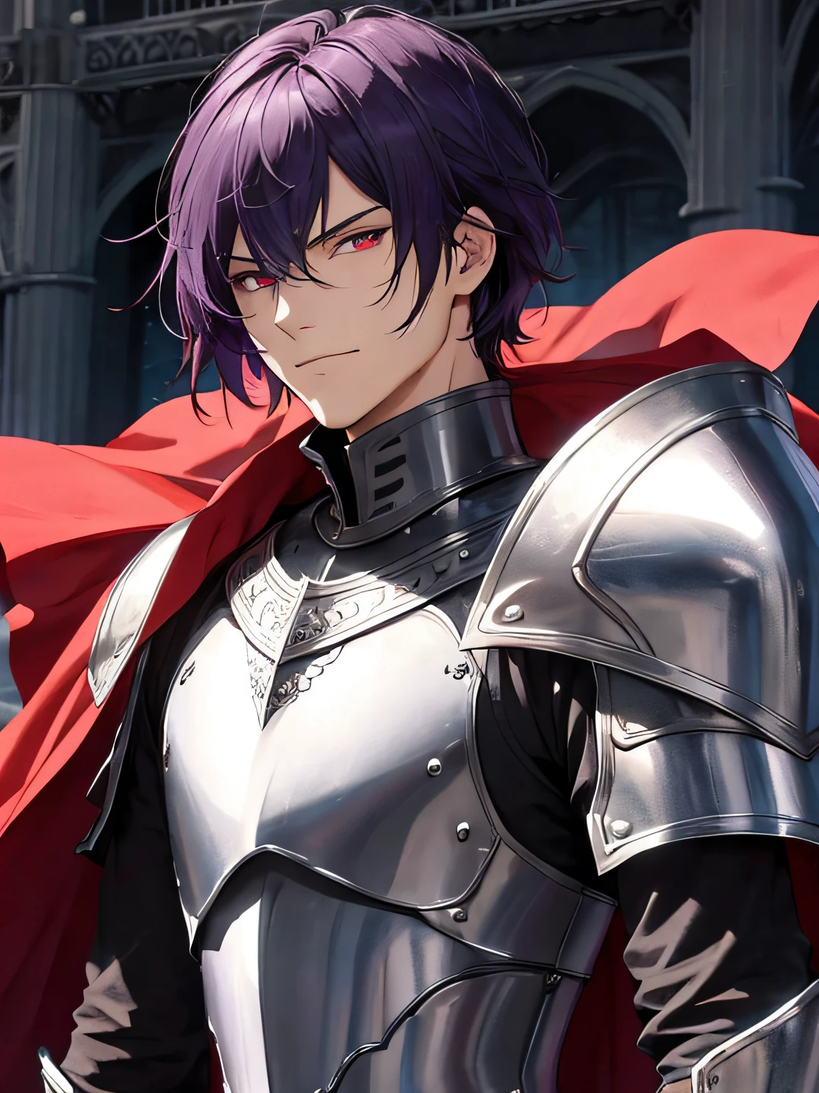 masterpiece, best quality, 1man, adult, masculine, male focus, solo, dark purple hair, smirk, man, short lenght hair, vibrant red eyes, agressive, violence, looking at viewer, cape, High quality metal texture, closed mouth, bangs, high collar,(kbxll:0.6), Fantasy aesthetics, Highly detailed, shadowverse style, medieval castle, knight, full plate armor