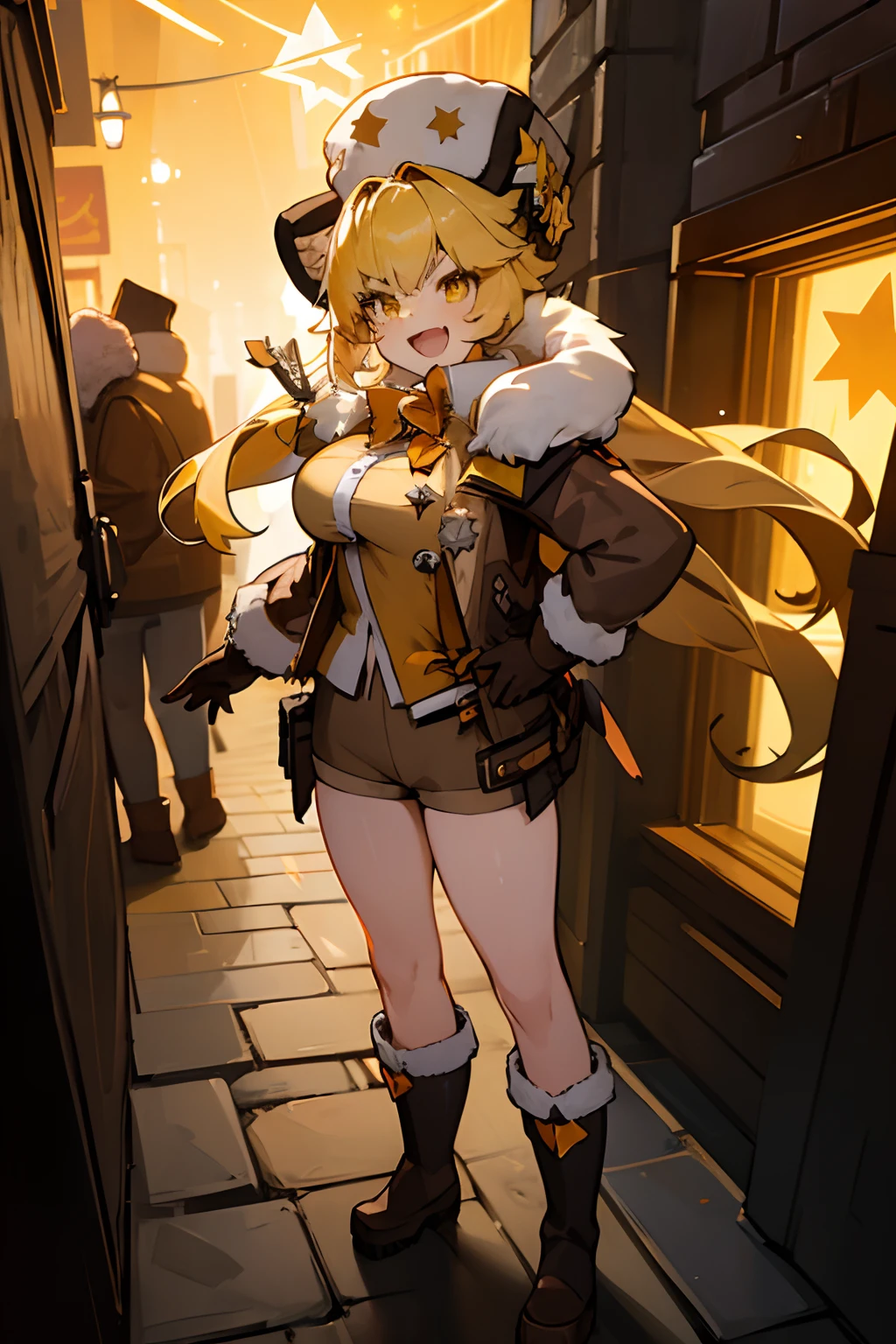 masterpiece, best quality, ((hook)), blonde hair, (yellow hair), gloves, yellow eyes, boots, 1girl, (fur trim), (jacket), :d, bangs, bow, (fur hat), (shorts), star (symbol), looking at viewer, long hair, standing, solo focus, brown gloves, brown footwear, open clothes, long sleeves, full body, bowtie, shirt, (open jacket), (brown shorts), (brown jacket), adult body, athletic body, divine proportions, large breasts, sexy, angry, tsundere, dark alley, night, cobblestone streets, soft orange lighting.