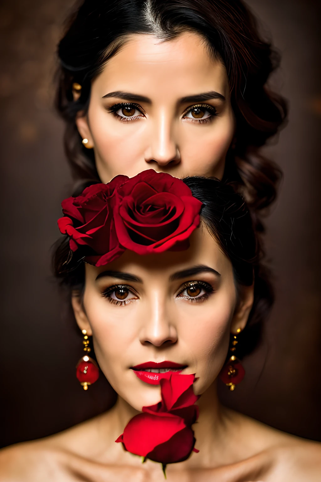 8k, RAW photo, Fujifilm, style photo of a beautiful 45 year old woman, square face, a red rose on the neck, wearing black lace dress with red, golden earrings, features like a maria padilla, (highly detailed skin: 1.2), medium brown loose hair with lights, film grain, 35mm, cute style