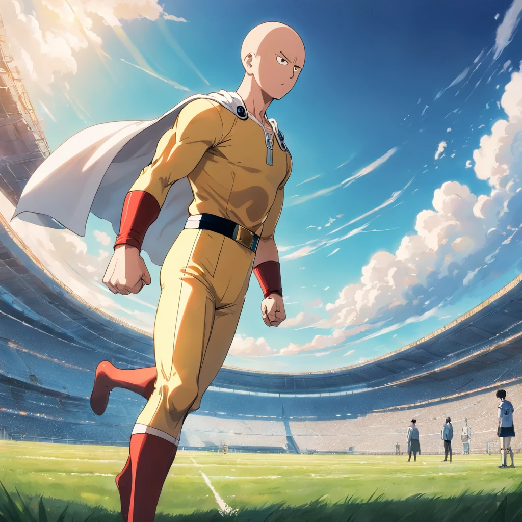 Saitama, One Punch Man, Masculino, stadium, blue cloudy sky, field, looking at viewer