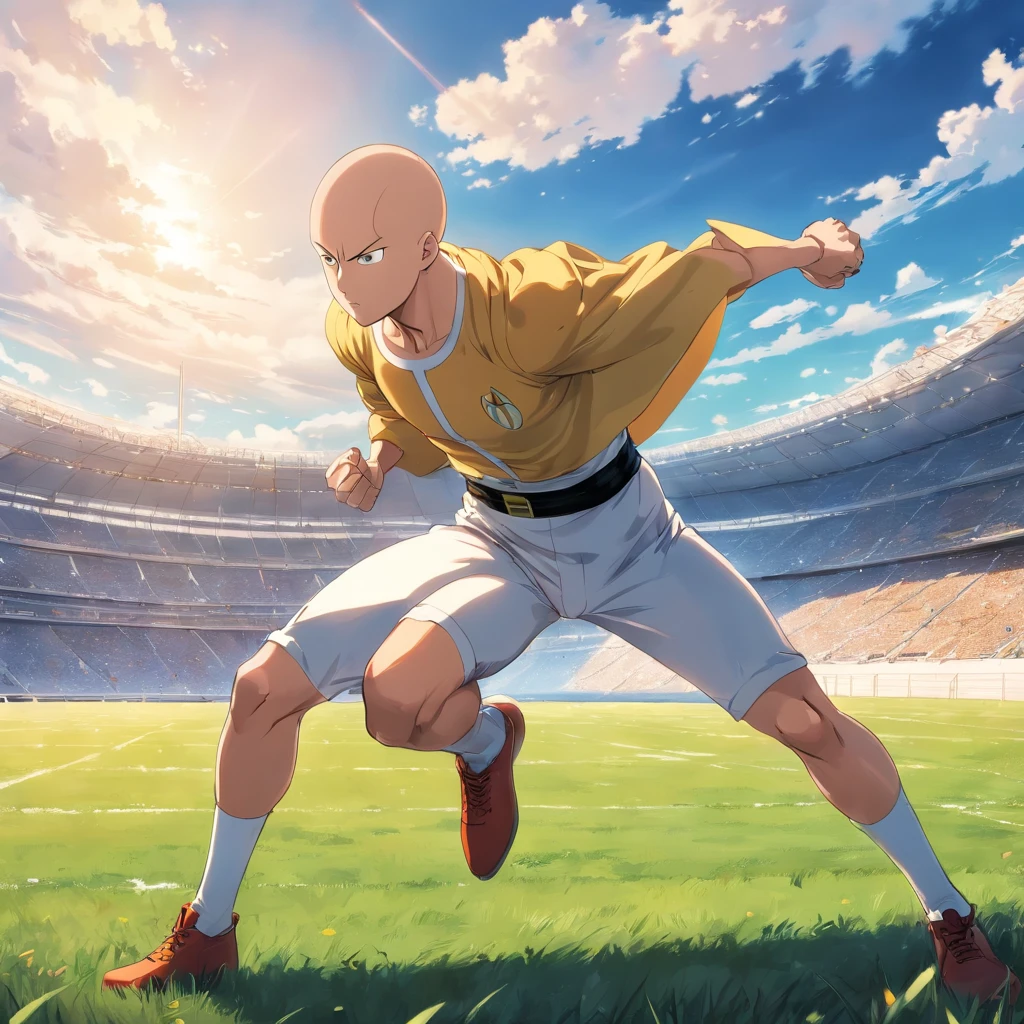 Saitama, One Punch Man, Masculino, stadium, blue cloudy sky, field, looking at viewer