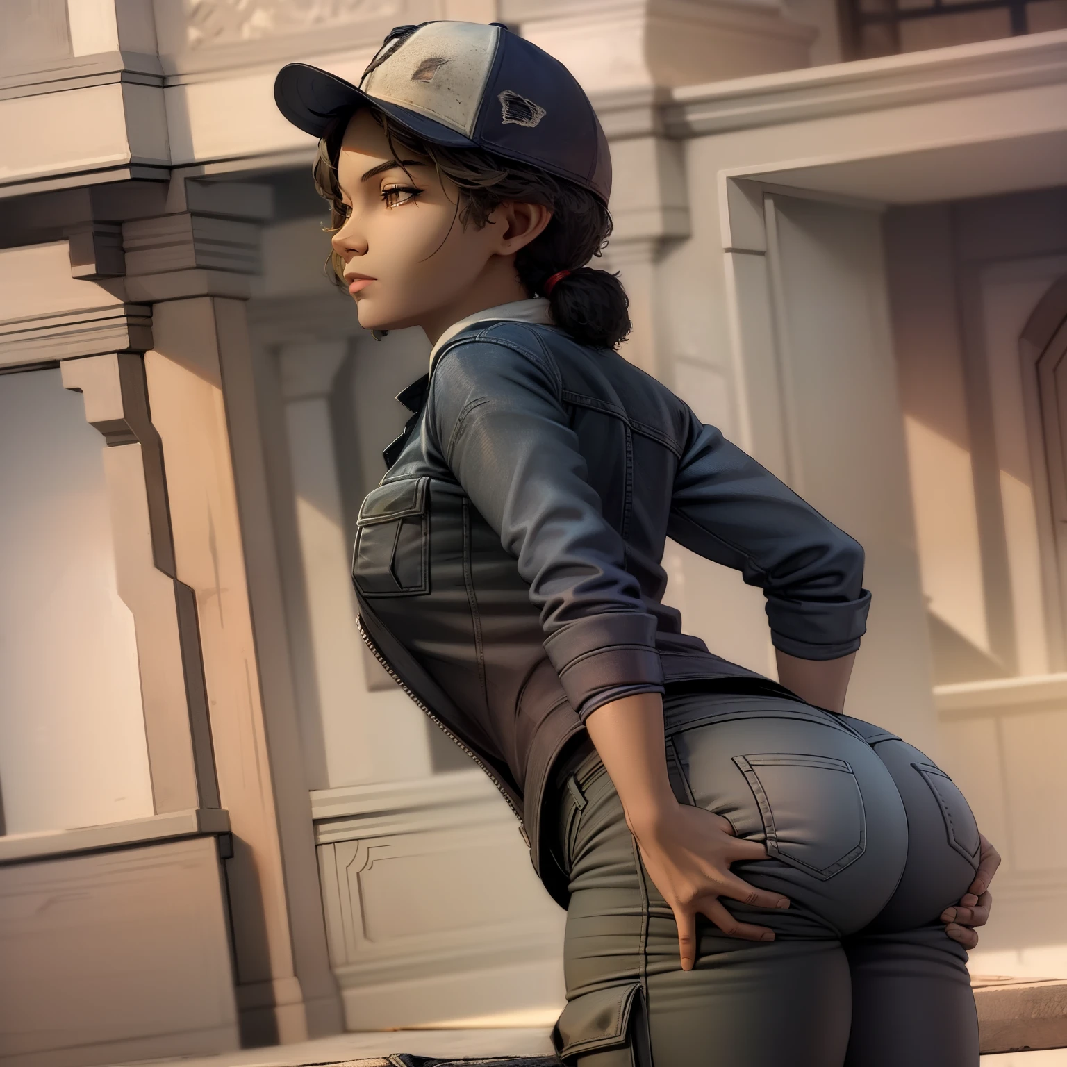 ((masterpiece, best quality)),(complex lighting) , solo,1girl,upper body, clementine,  dark skin,dark-skinned female,  baseball cap, green cargo pants, tight pants, shirt, short twintails,open denim jacket, big butt, thicc