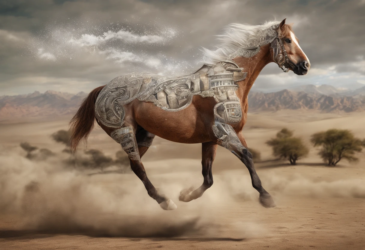 Horses flying inside a bottle decorated with Arabic letters