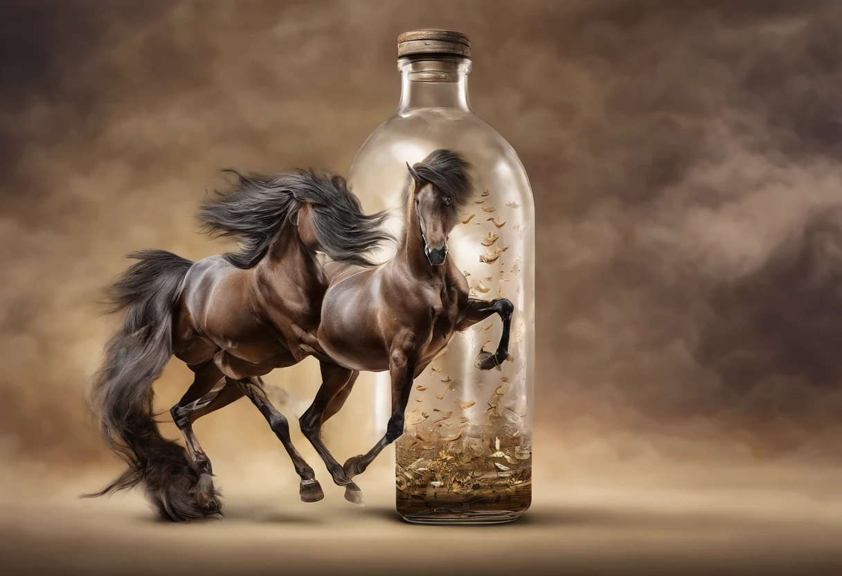 Horses flying inside a bottle decorated with Arabic letters