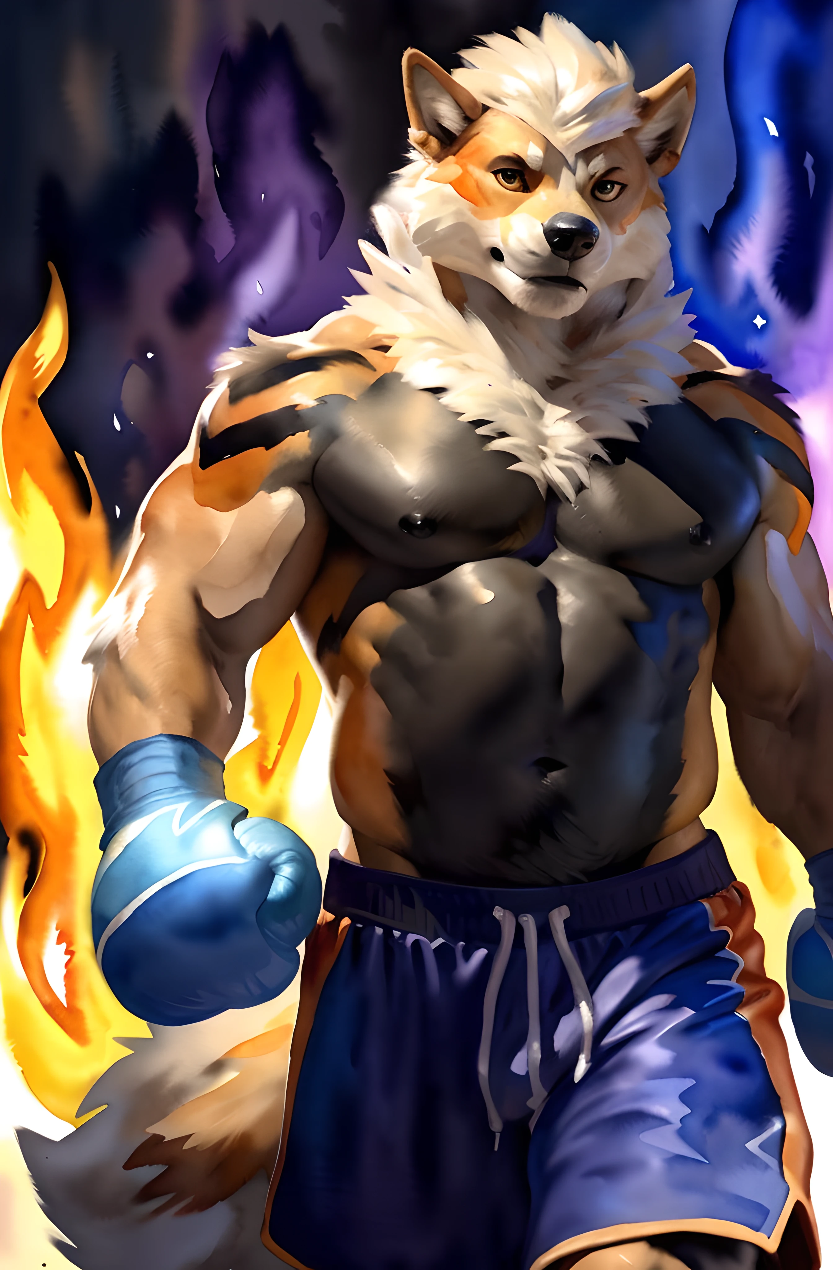 anthro Arcanine, standing towards camera, wearing boxing gloves, (walking towards camera:1.2), 4k, high resolution, best quality, posted on e621, (solo:1.2), anthro body, male, (mane:1.1), adult, masculine, (very muscular, heavyweight:1.3), correct anatomy, (black watercolor background:1.1), (standing in black fire, blue fire to the right, orange fire to the left:1.3), (watercolor background:1.3), (by wfa, by chunie:0.6), (by Taran Fiddler:1.2), (detailed eyes:1.2), (cel shaded:1.2), cartoony shading, (watercolors:0.8), (fluffy tail:1.2), (full body:1.3), (boxing gloves:1.1), (boxing trunks:1.2), (looking at viewer:1.2), bright eyes, (black stomach, black chest:1.2), (boxing shoes:1.2), serious face, legs spread, shiny fur, backlight, confident, proud, black nipples