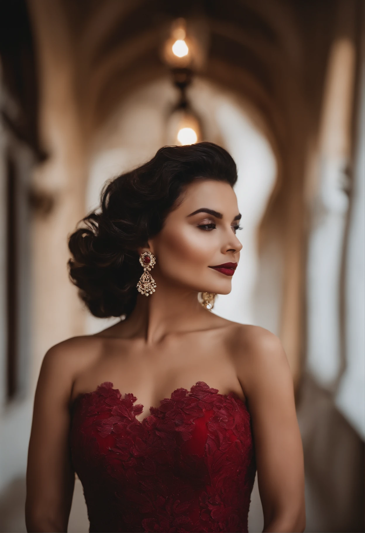 8k, Foto RAW, Fuji Filme, Foto elegante de uma bela mulher de 45 anos de idade, face quadrada, Red rose around the neck, Vestido de renda preto com vermelho, brincos de ouro, strong traits, Como um pombo girando, (pele altamente detalhada: 1.2), medium brown hair，Cabelo loiro, filmgrain, 35 mm, estilo bonito