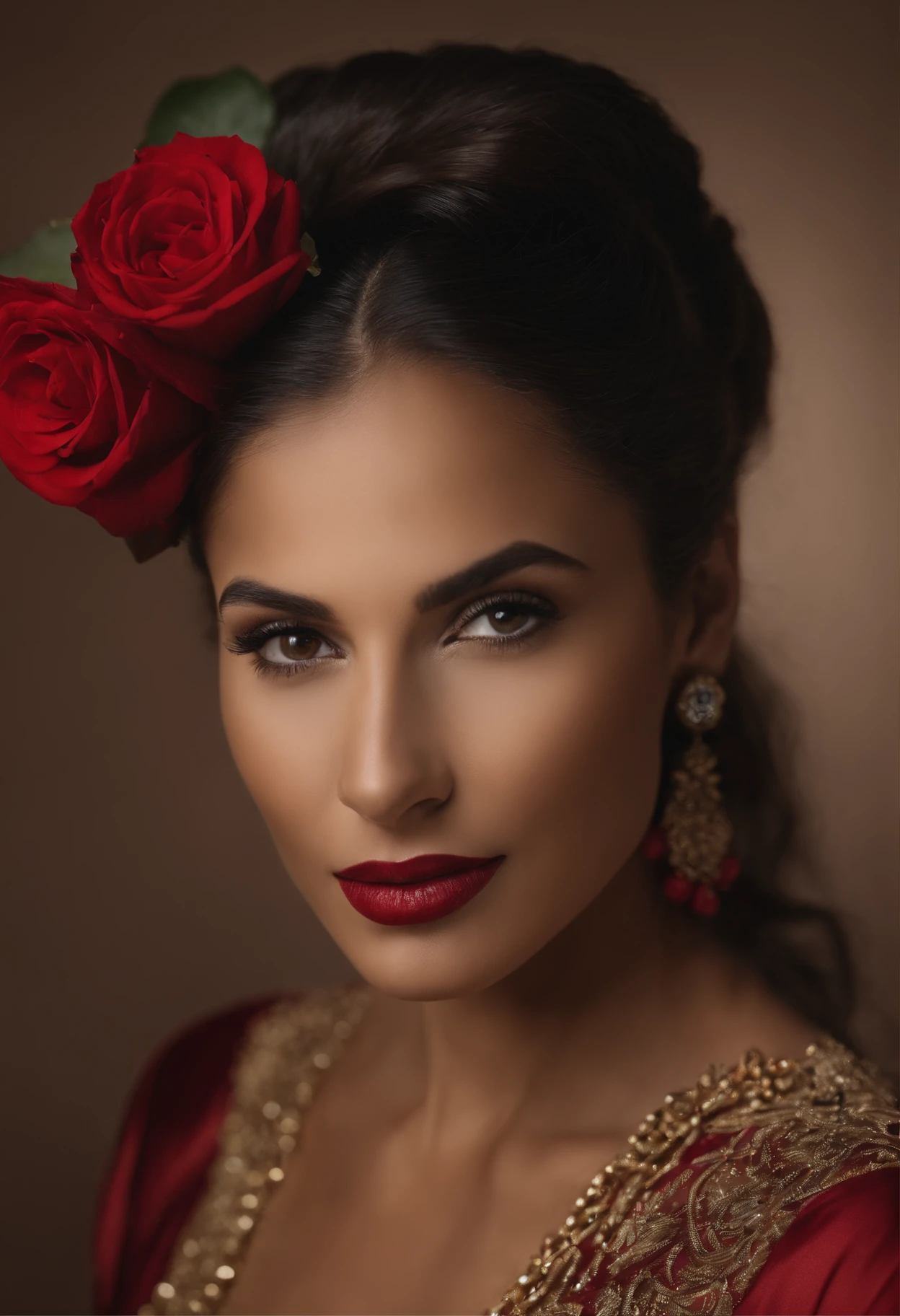 8k, Foto RAW, Fuji Filme, Foto elegante de uma bela mulher de 45 anos de idade, face quadrada, Red rose around the neck, Vestido de renda preto com vermelho, brincos de ouro, strong traits, Como um pombo girando, (pele altamente detalhada: 1.2), medium brown hair,Cabelo loiro, filmgrain, 35 mm, estilo bonito