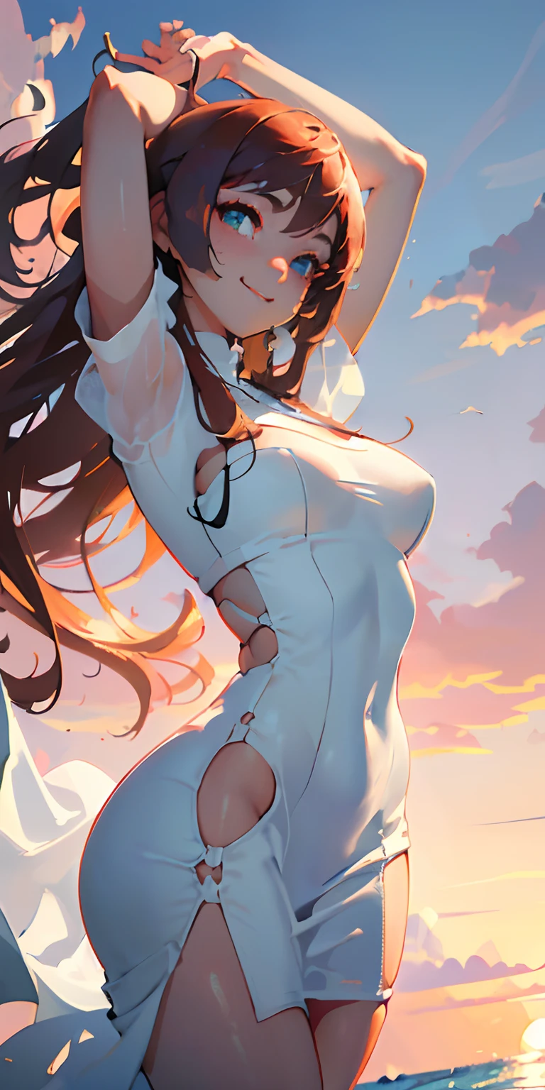 realisticlying、15 year old girl、Buttock emphasis(Dynamic super close-up looking up from underground)、thighs are a little thicker、Emphasis on the thighs、(White fabric thin tight fit long dress wearing、Versatile sexy poses、Breasts enlarged、Face smile、Sunset Coast