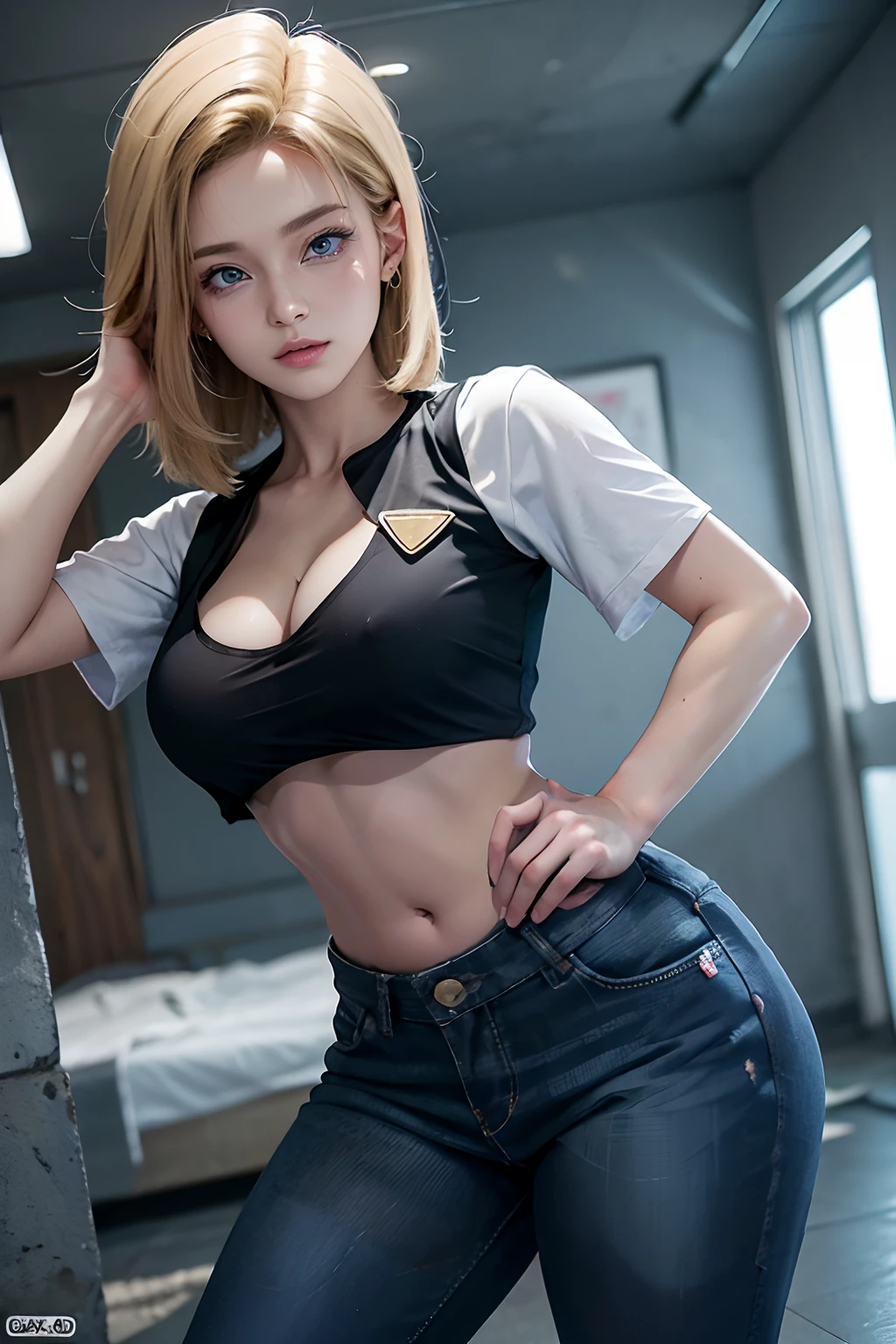 imagem hiper detalhada, UHD, 16k, foto profissional, (Foto realista do Android-18 de Dragon Ball Z) deusa da beleza, cabelos loiros curtos muito lisos, severe facial expression, ((Ela usa uma jaqueta jeans azul e uma camisa branca cropped, Short white underground showing breast meat)), Erotic, jaqueta jeans aberta mostrando seu grande, Seios lindos e perfeitos, (seios, longos seios pontiagudos saindo da jaqueta), ela usa um cinto e um (saia jeans azul levantada mostrando micro calcinha presa no , cabelo bubian mostrando), Botas marrons, perfect hands and fingers,
Android 18, garota saiyajin sexy, She unleashes bursts of power, qual, Arte Oficial, Android-18 Sexy feminino, arte oficial do personagem, protagonista feminina sexy, corpo magro e tonificado curvado :8, Aqualri Toriyama, Diretor: traits of Aqualra Toriyama, Bulma de Dragon Ball, Melhor Design de Personagens de Anime, Stroke style by Aqualra Toriyama, Cute single character, semi-, (great lighting)