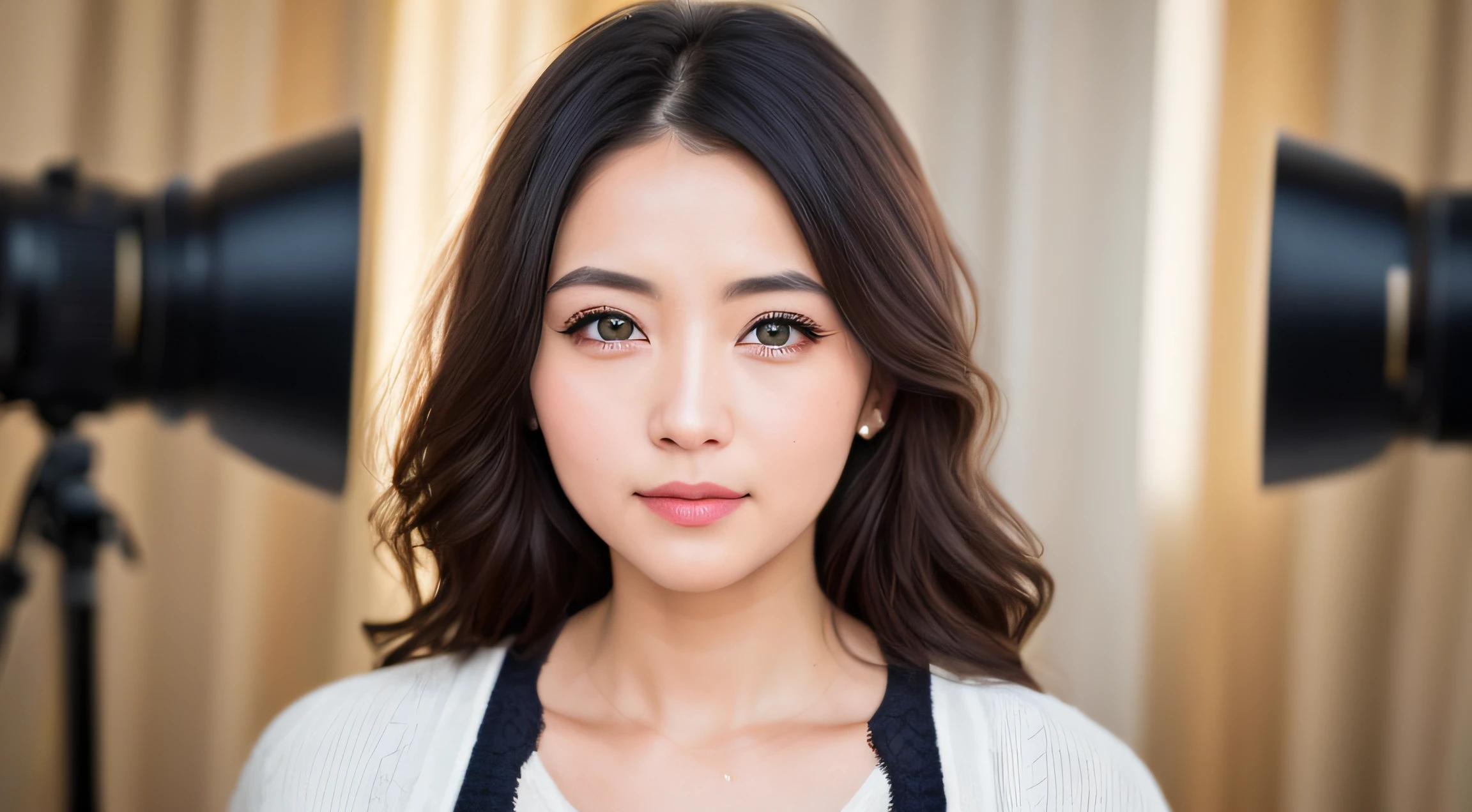 Looking at the audience, light makeup, realism, realistic photos, professional color correction, 8K, F2.4 aperture, 35mm lens, realistic real face, only the face area is included.