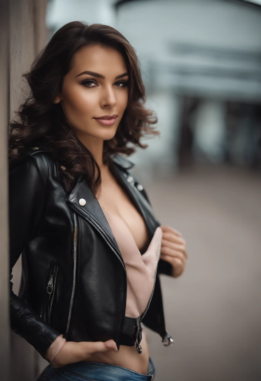 a woman in a leather jacket and headphones posing for a photo, black leather bra, sexy girl, she wears leather jacket, sexy :8, sexy look, cute seductive smile, with a seductive smile, sie boob, violet myers, black bra, sexy style, seductive smile, portrait sophie mudd, dressed in short leather jacket, anna nikonova aka newmilky
